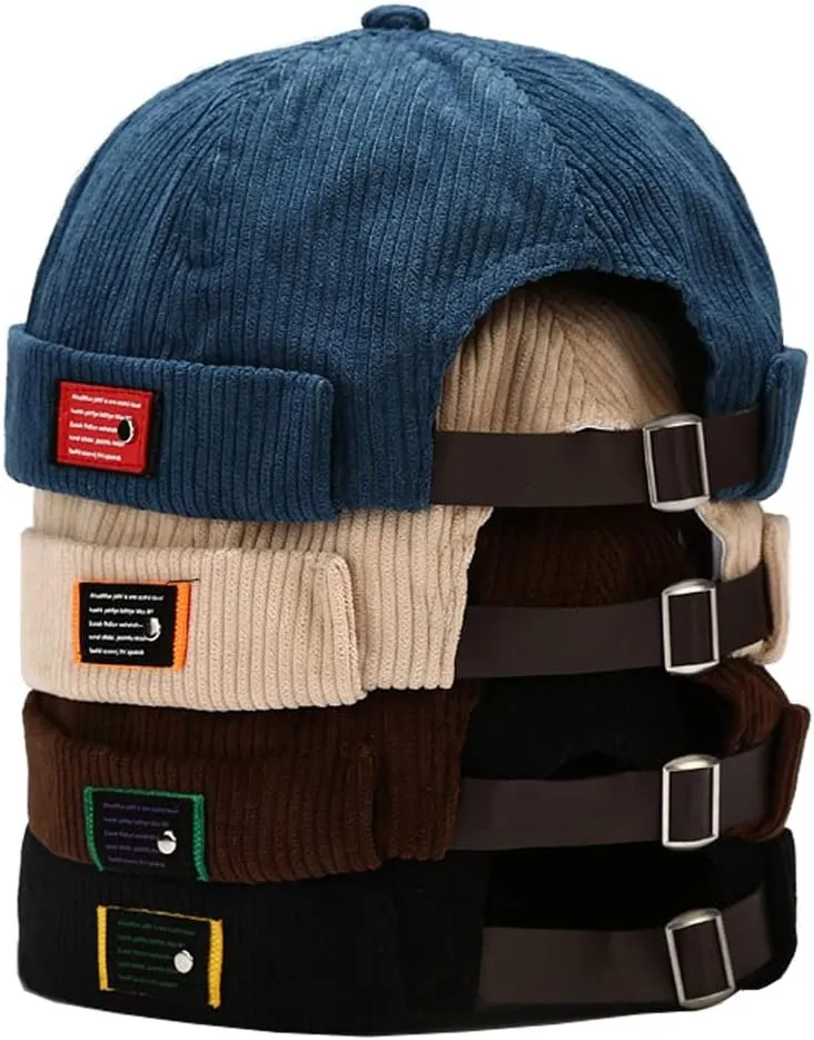 4 Pack Docker Hat Brimless Hats Skullcap Beanie Hat Cap for Men Women Corduroy Retro Style Rolled Cuff Harbour Hat