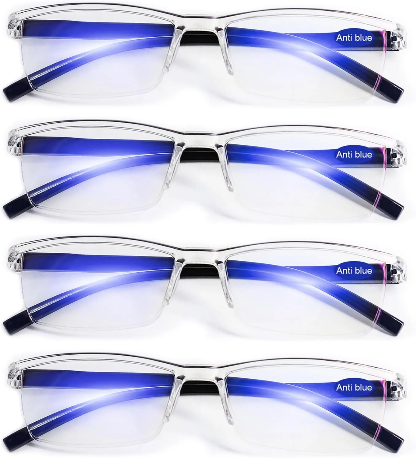 4 Packs Clear Reading Glasses 1.0 for Men Women Multipack Blue Light Blocking Semi-rim Readers 1.00 1.25 1.50 1.75 2.00 2.25 2.50 2.75 3.00 3.5 4.00