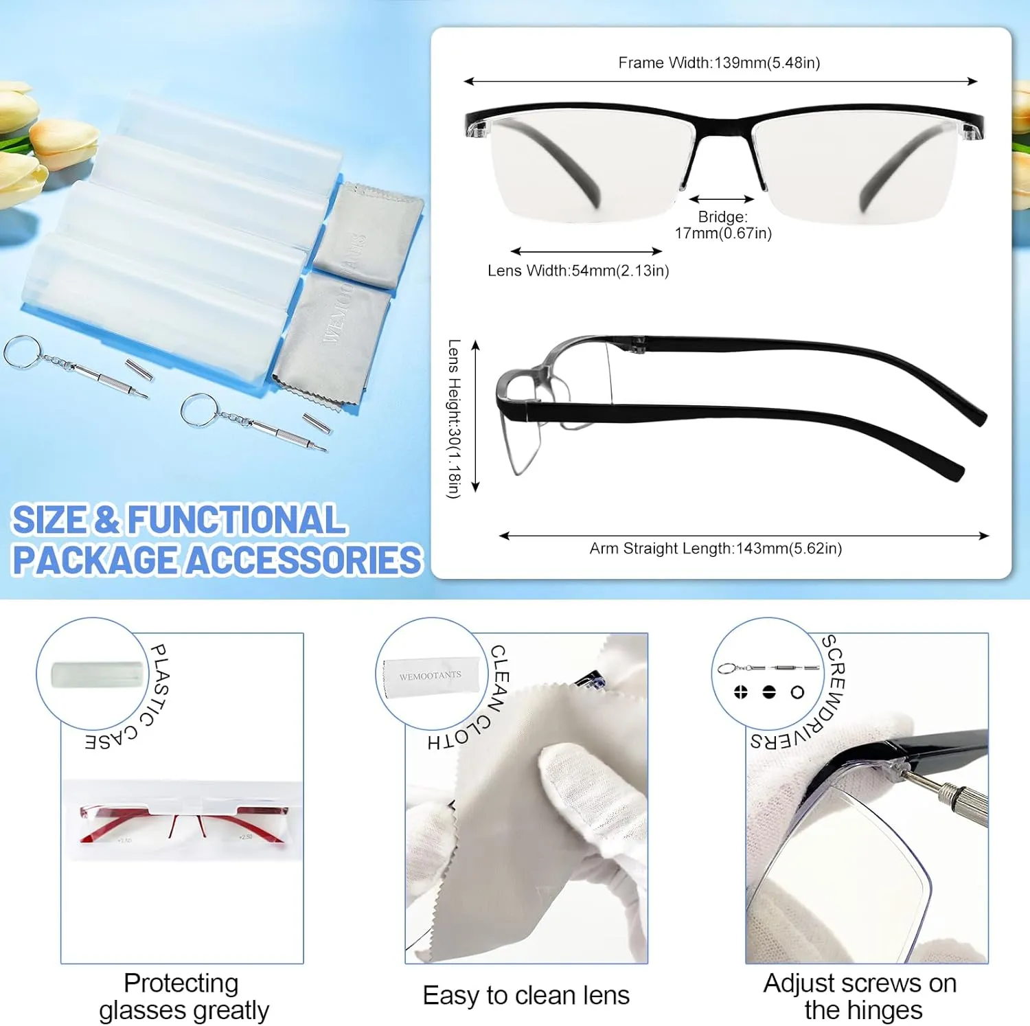 4 Packs Clear Reading Glasses 1.0 for Men Women Multipack Blue Light Blocking Semi-rim Readers 1.00 1.25 1.50 1.75 2.00 2.25 2.50 2.75 3.00 3.5 4.00