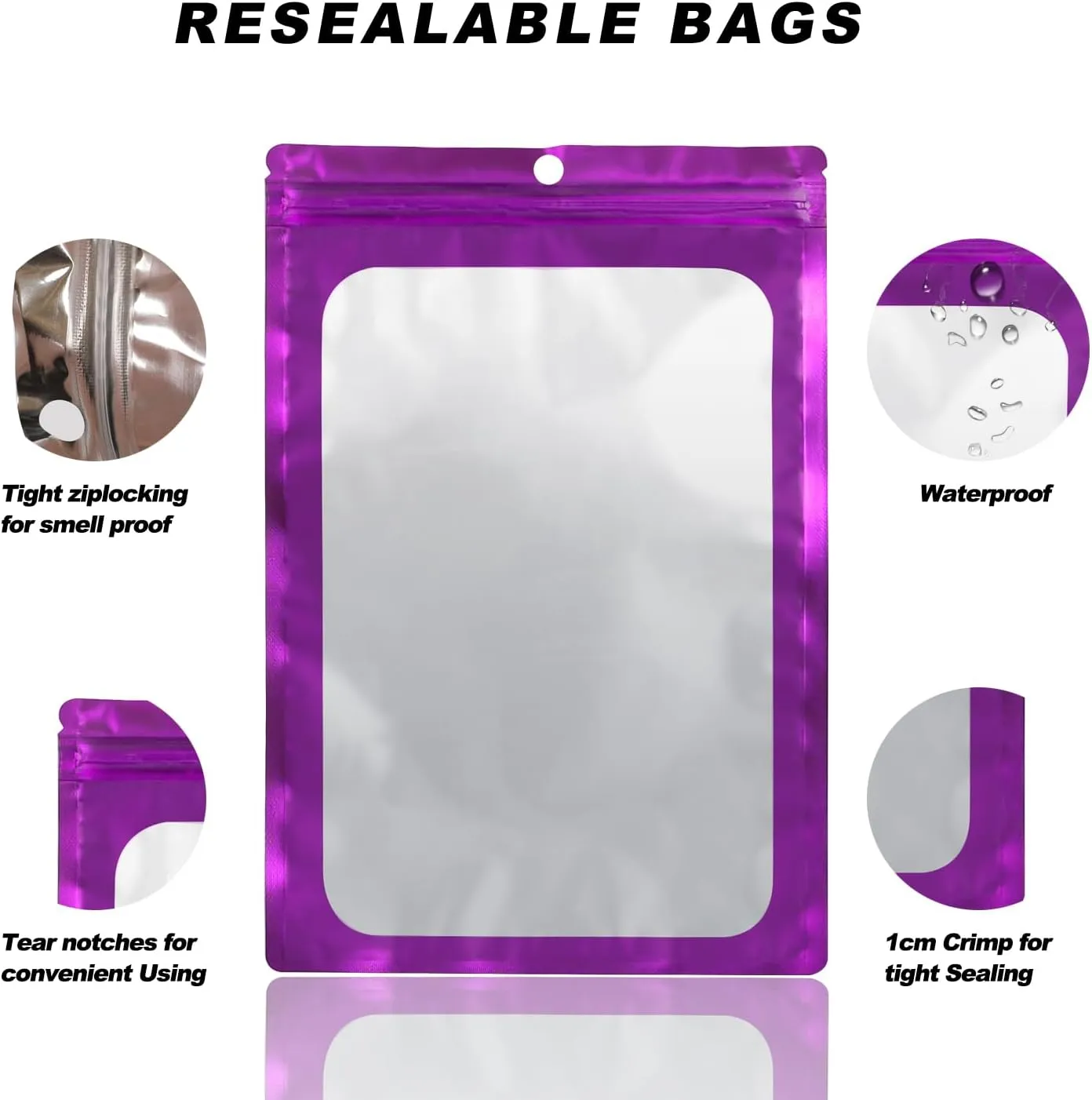 400 Pack 4 Size Bags with Clear Window,Scratch Resistant Hand Holographic Packaging Pouch,Resealable Bag for Small Bussiness Cookies Jewelry Candy Sample (Purple, 2.4×3.9,3x4.7,4×7,5.5×7.9 inch)