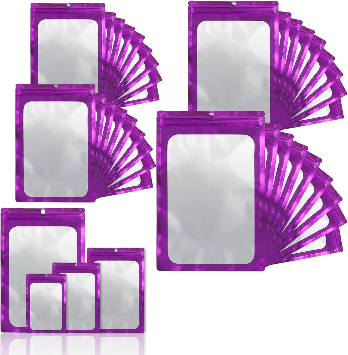 400 Pack 4 Size Bags with Clear Window,Scratch Resistant Hand Holographic Packaging Pouch,Resealable Bag for Small Bussiness Cookies Jewelry Candy Sample (Purple, 2.4×3.9,3x4.7,4×7,5.5×7.9 inch)