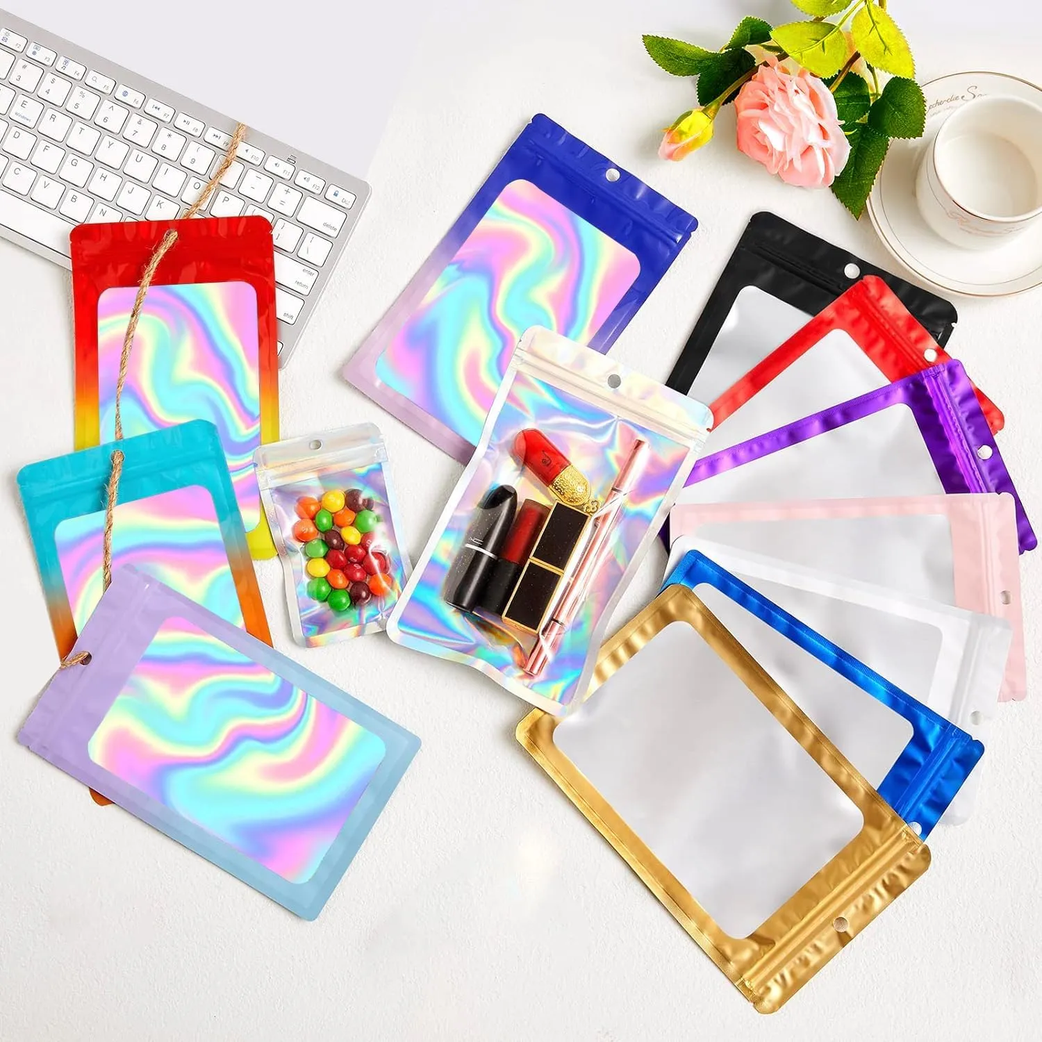 400 Pack 4 Size Bags with Clear Window,Scratch Resistant Hand Holographic Packaging Pouch,Resealable Bag for Small Bussiness Cookies Jewelry Candy Sample (Purple, 2.4×3.9,3x4.7,4×7,5.5×7.9 inch)