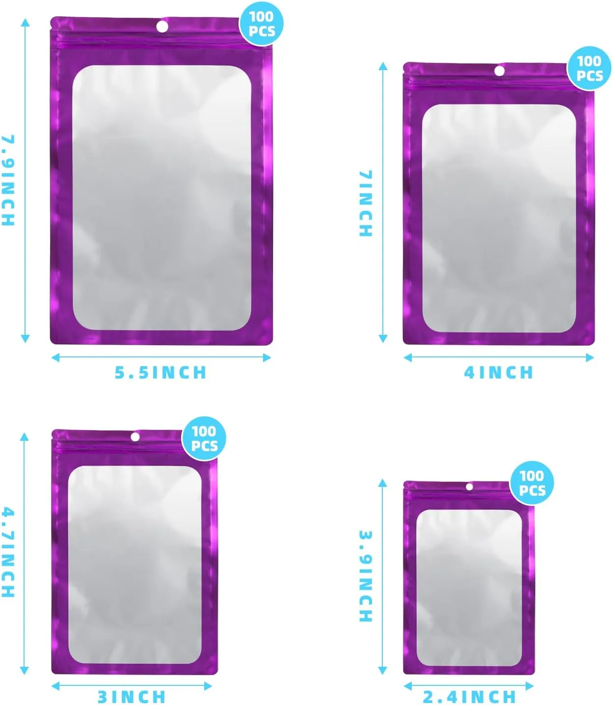 400 Pack 4 Size Bags with Clear Window,Scratch Resistant Hand Holographic Packaging Pouch,Resealable Bag for Small Bussiness Cookies Jewelry Candy Sample (Purple, 2.4×3.9,3x4.7,4×7,5.5×7.9 inch)