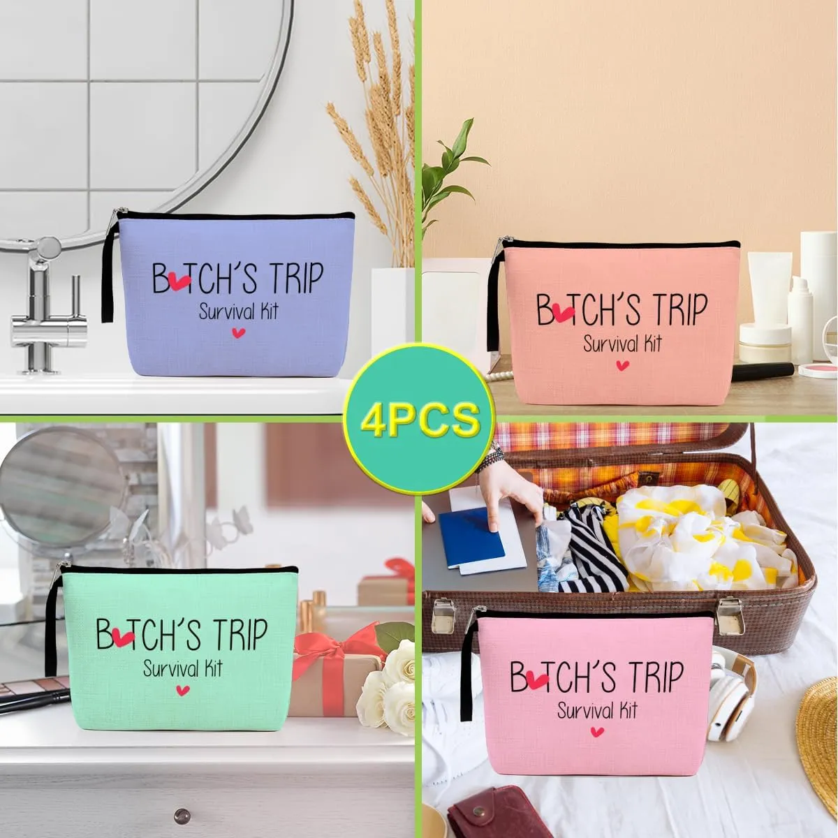 4Pcs Girls Trip Gifts Favors Weekend Bag Funny Makeup Bag for Women's Bridesmaid Cosmetic Zipper Pouch Wedding Birthday Bachelorette Party