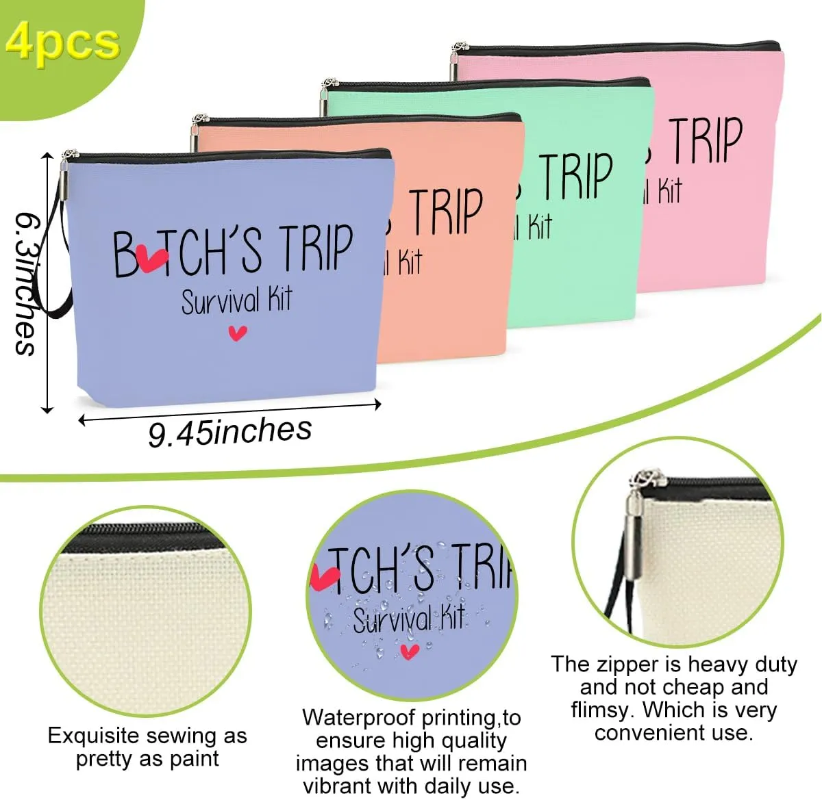 4Pcs Girls Trip Gifts Favors Weekend Bag Funny Makeup Bag for Women's Bridesmaid Cosmetic Zipper Pouch Wedding Birthday Bachelorette Party