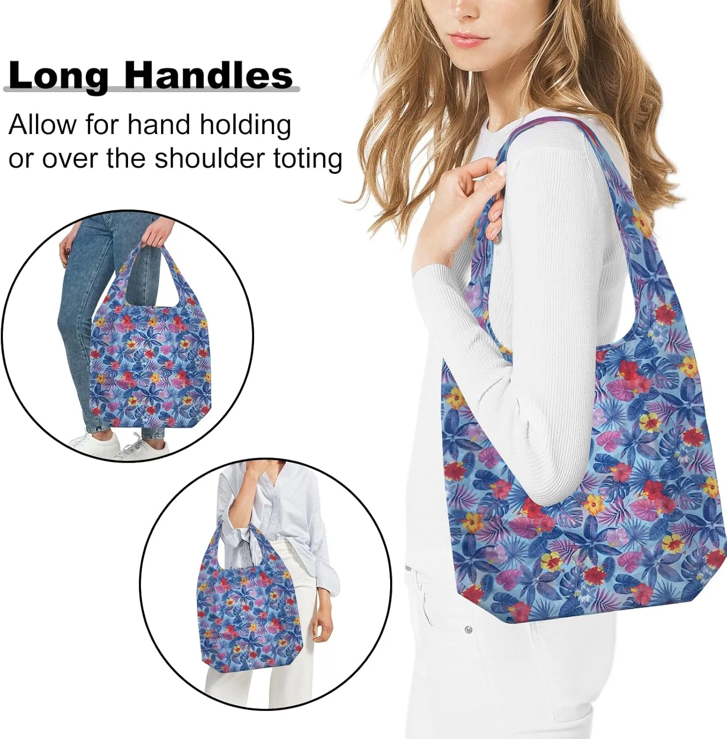 5 Pack Foldable Shoping Bags Tote Bulk Nylon Bags with Handles Blue Tropical