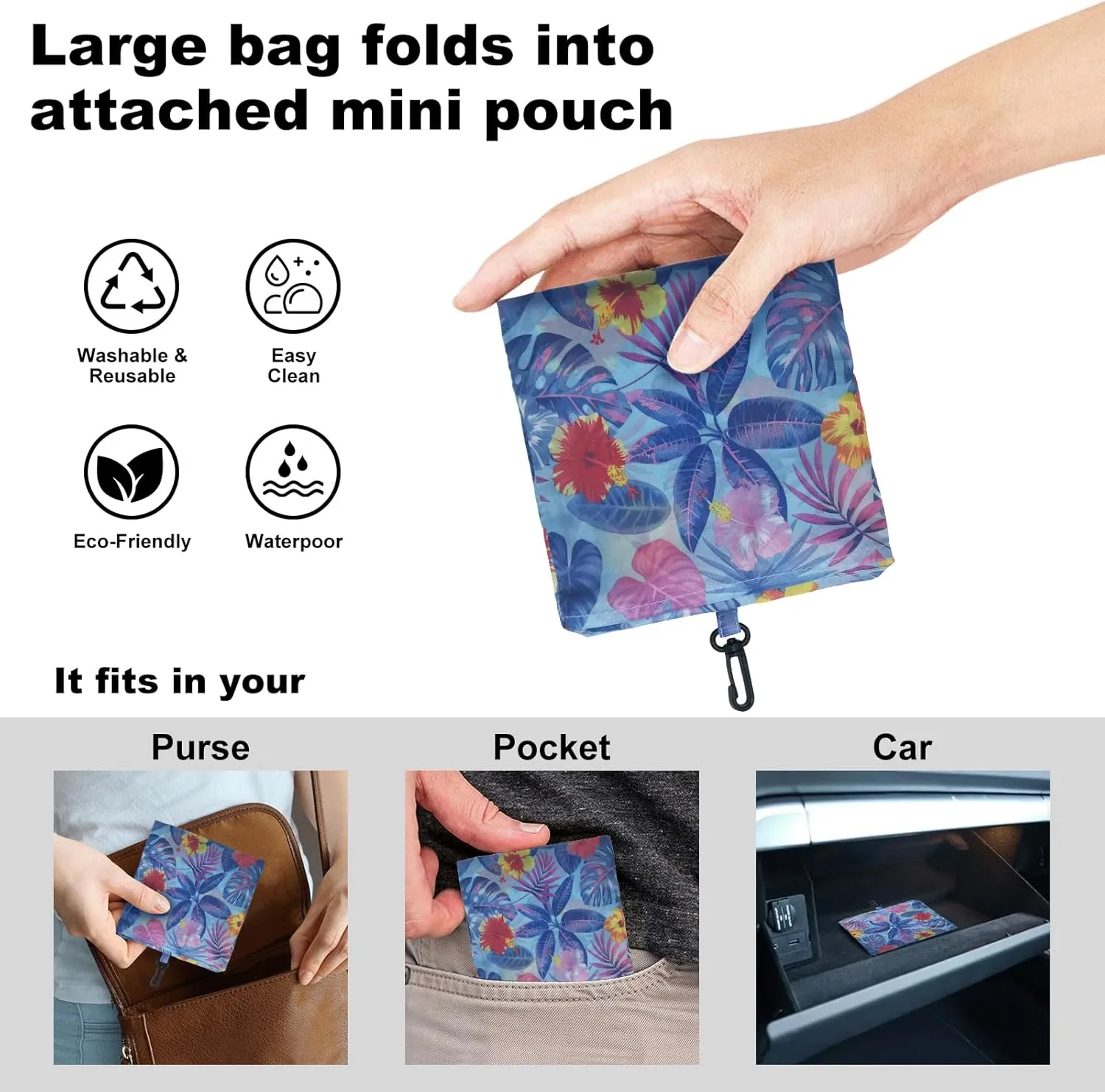 5 Pack Foldable Shoping Bags Tote Bulk Nylon Bags with Handles Blue Tropical