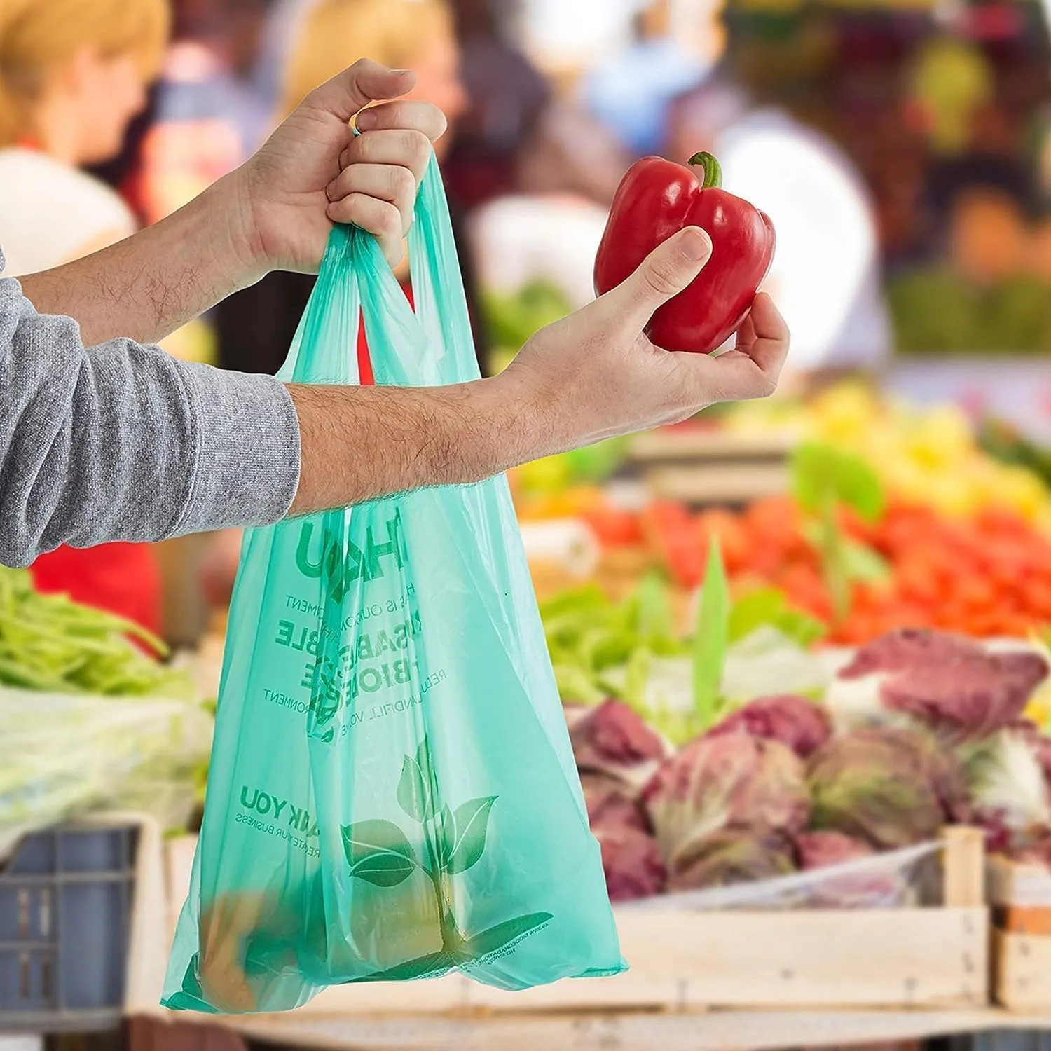 500 Pcs Biodegradable Bags 22" x 12" Plastic Green Bags with Handles T-Shirt Bags Thank You Bags Eco Friendly Bags Bio Bags Carry Out Great for Supermarket Groceries Trash Retail Restaurant To Go