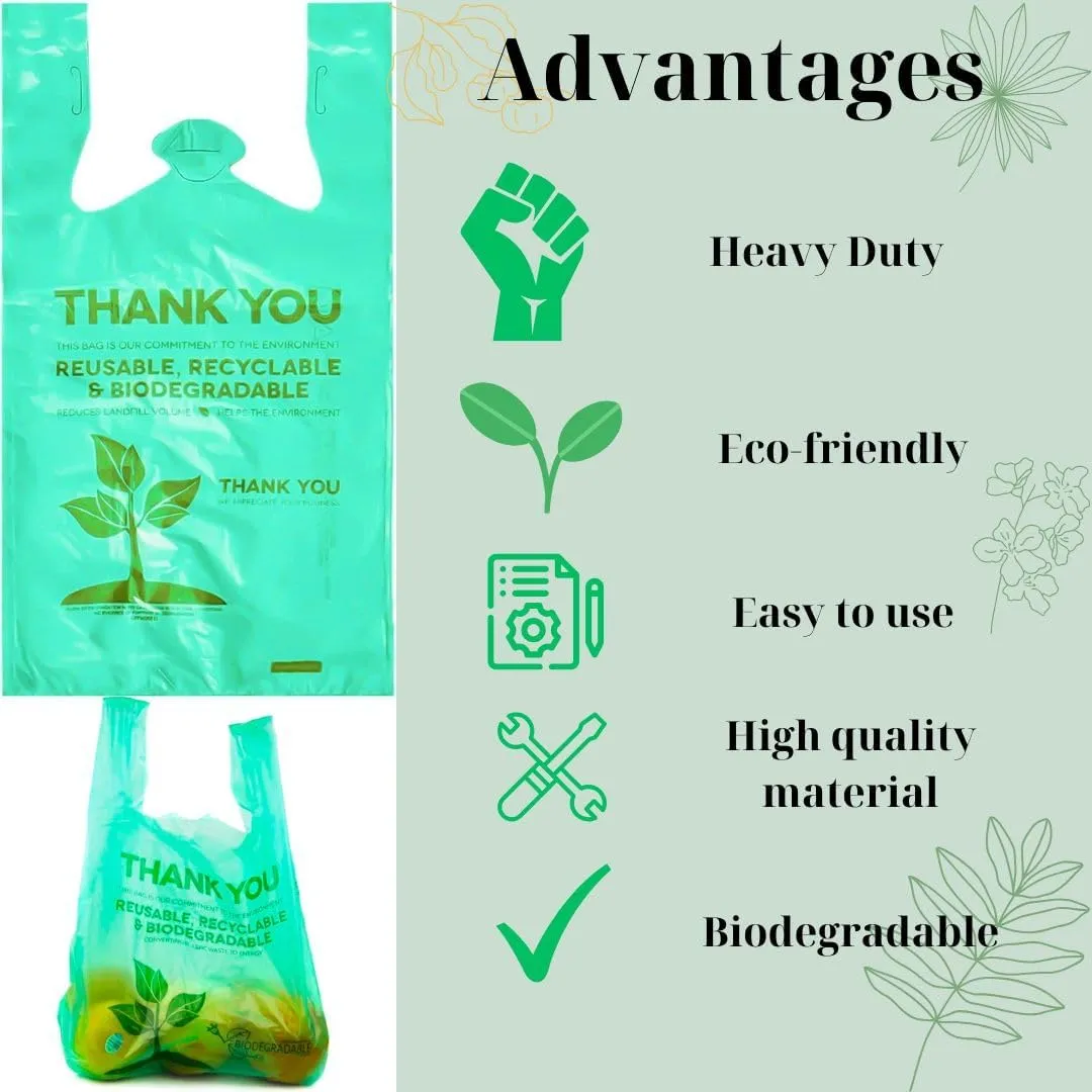500 Pcs Biodegradable Bags 22" x 12" Plastic Green Bags with Handles T-Shirt Bags Thank You Bags Eco Friendly Bags Bio Bags Carry Out Great for Supermarket Groceries Trash Retail Restaurant To Go