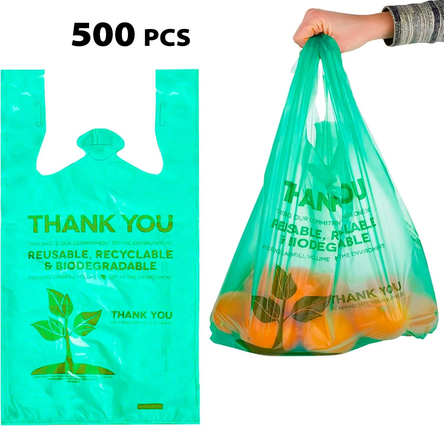 500 Pcs Biodegradable Bags 22" x 12" Plastic Green Bags with Handles T-Shirt Bags Thank You Bags Eco Friendly Bags Bio Bags Carry Out Great for Supermarket Groceries Trash Retail Restaurant To Go