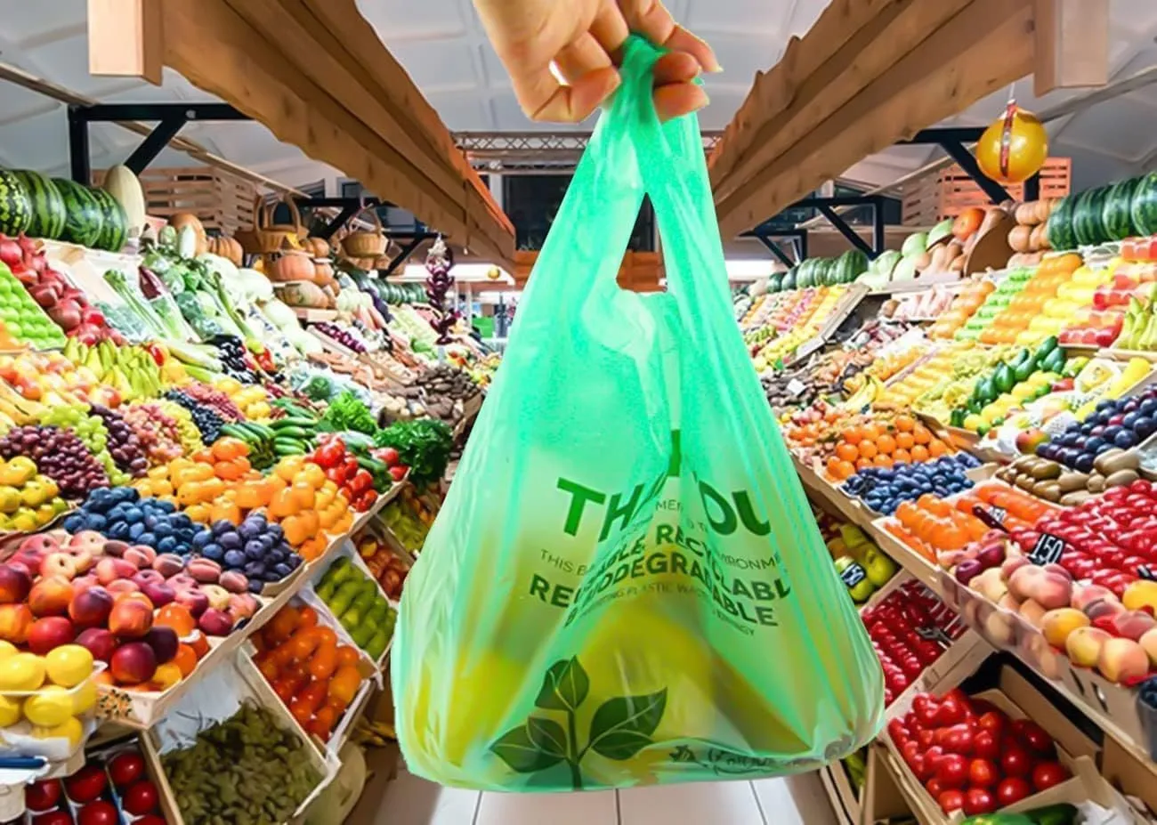 500 Pcs Biodegradable Bags 22" x 12" Plastic Green Bags with Handles T-Shirt Bags Thank You Bags Eco Friendly Bags Bio Bags Carry Out Great for Supermarket Groceries Trash Retail Restaurant To Go