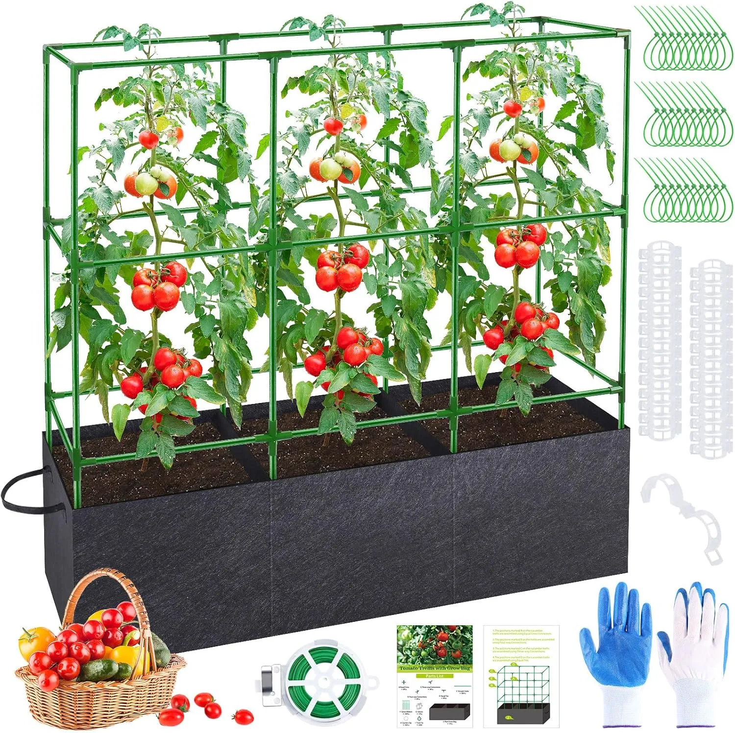 51x17x49 Inch Garden Tomato Cages with 46 Gallon Grow Bags, Square Plant Support Trellis Assembled with Planter Bags, Garden Cucumber Vegetables Frames for Vertical Climbing Plants