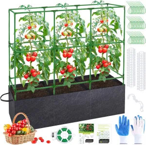 51x17x49 Inch Garden Tomato Cages with 46 Gallon Grow Bags, Square Plant Support Trellis Assembled with Planter Bags, Garden Cucumber Vegetables Frames for Vertical Climbing Plants
