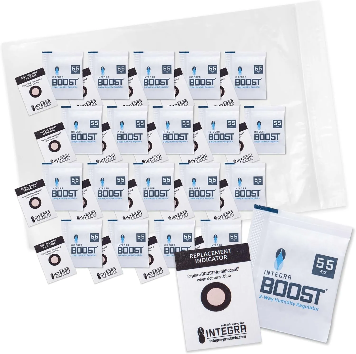 55% RH Level - 4 Gram Size - Two-Way Humidity Control Pack - Incl. Replacement Indicator Cards - Food Storage & Herbs Moisture Balancer for Up to 1/2 oz (Pack of 20)