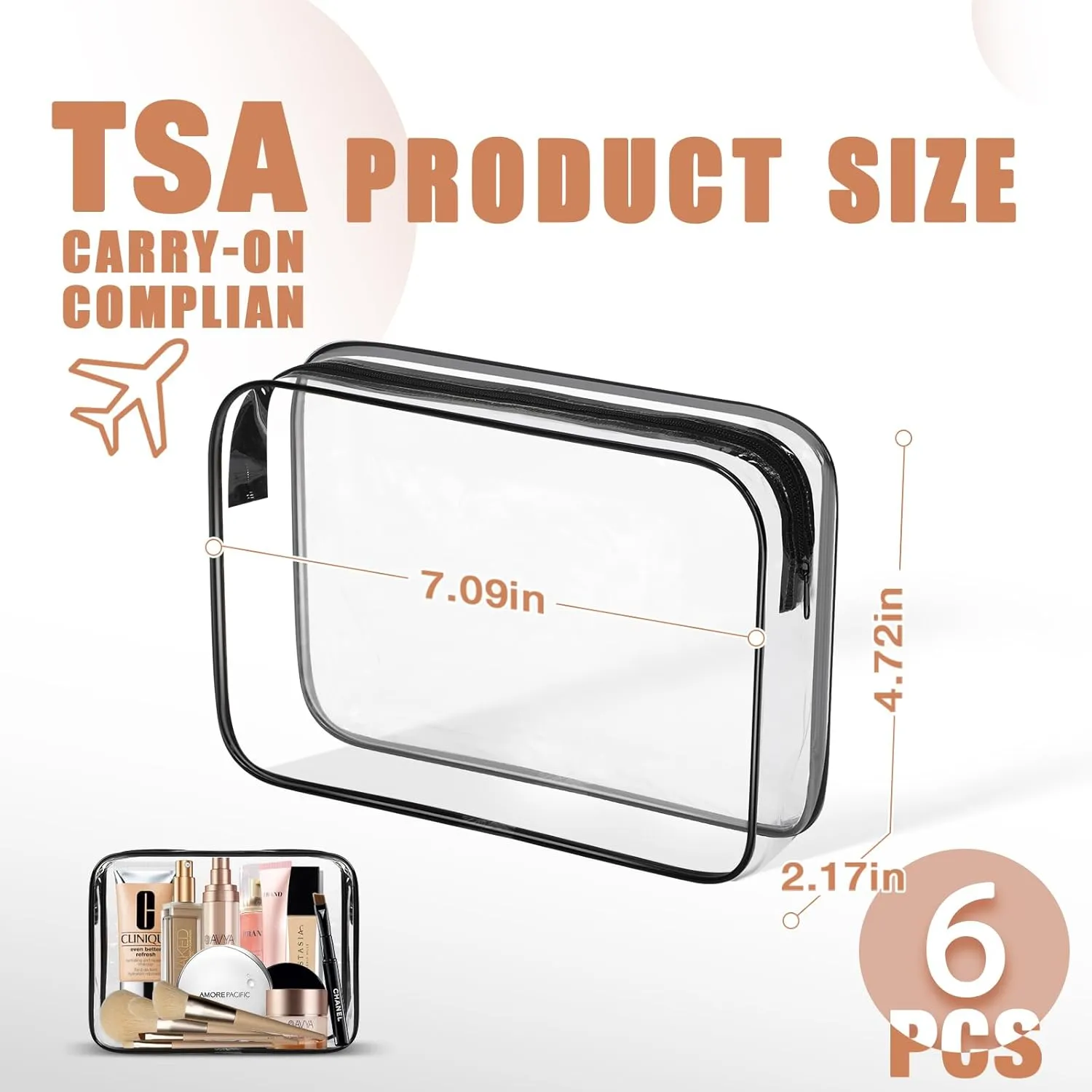 6 Pack Clear Toiletry Bag, TSA Approved Makeup Pouch Water Resistant Portable Travel Organizer, Carry On PVC Cosmetic for Airport Airline Complian