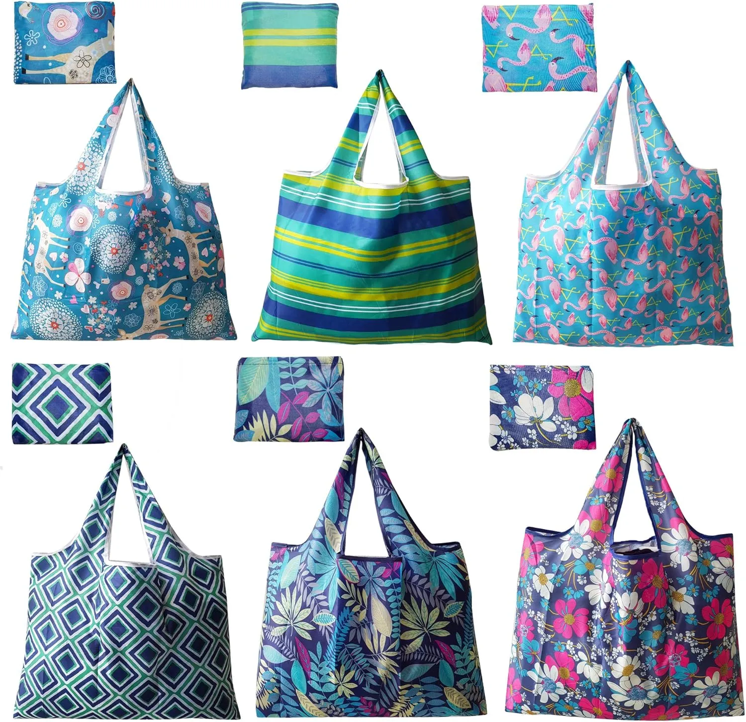 6 Pack Reusable Grocery Shopping Tote Foldable Bags with Pouch, Large Capacity, Durable, Washable, Heavy Duty Lightweight, Eco-Friendly, Waterproof, Geometry Animal Floral Design also for Travel, Gift