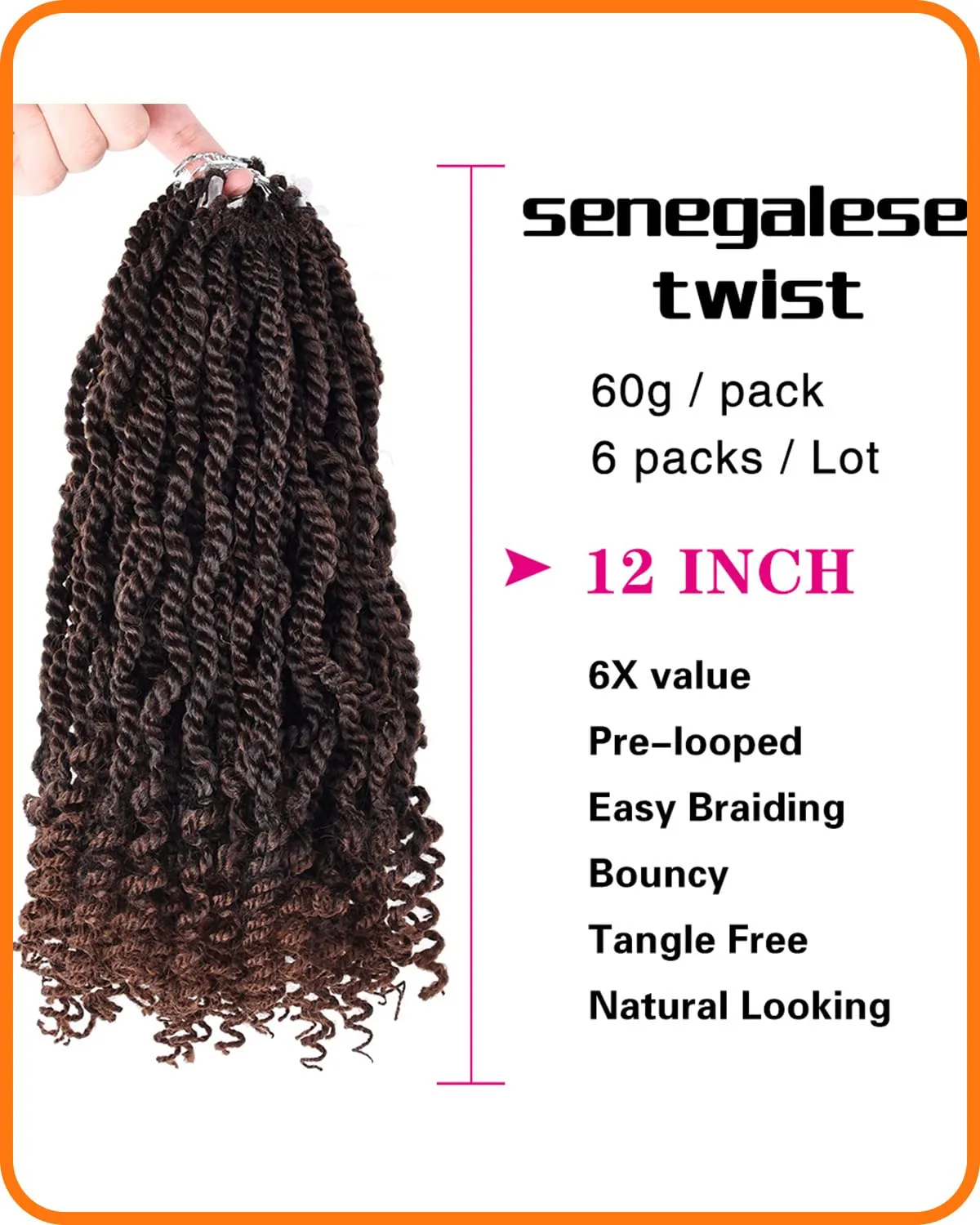 6 Packs Wavy Senegalese Twist Crochet Hair 12 Inch Crochet Braids Senegalese Twist Synthetic Braiding Hair Extension (T30#, 12 Inch)