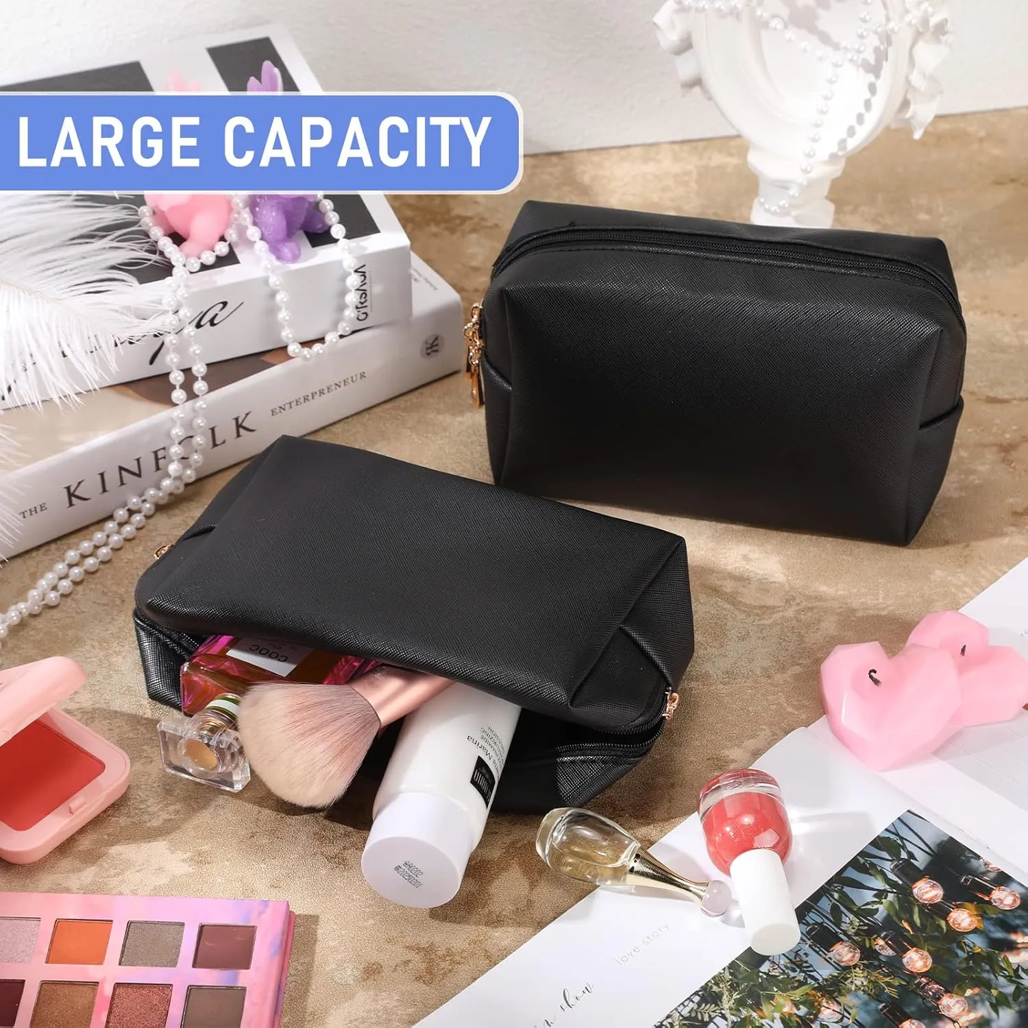 6 Pcs Preppy Patch Makeup Bag PU Leather Cosmetic Bag Waterproof Neat Travel Toiletry Pouch Portable Makeup Bag for Women Friends Cosmetic Organizer Travel Toiletry Pencil Case (Black)