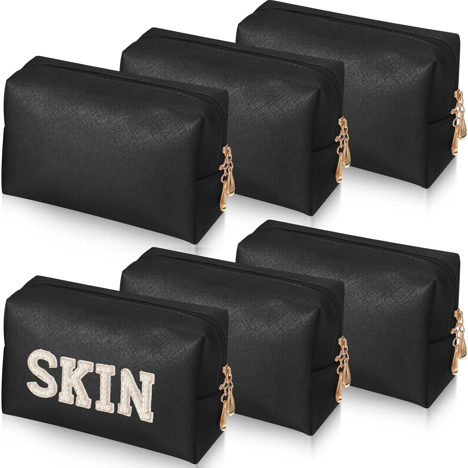 6 Pcs Preppy Patch Makeup Bag PU Leather Cosmetic Bag Waterproof Neat Travel Toiletry Pouch Portable Makeup Bag for Women Friends Cosmetic Organizer Travel Toiletry Pencil Case (Black)
