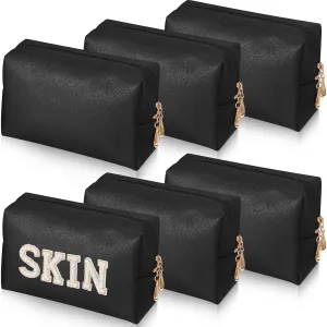 6 Pcs Preppy Patch Makeup Bag PU Leather Cosmetic Bag Waterproof Neat Travel Toiletry Pouch Portable Makeup Bag for Women Friends Cosmetic Organizer Travel Toiletry Pencil Case (Black)