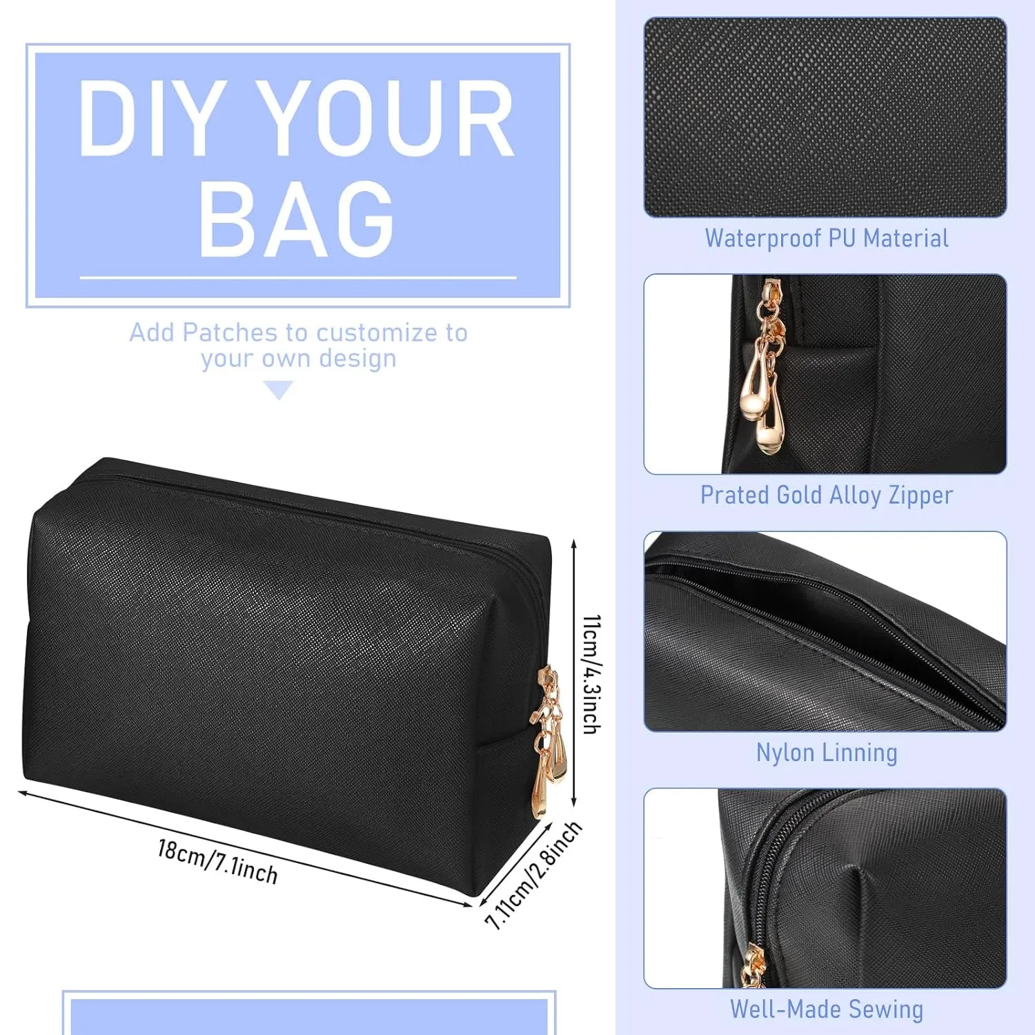 6 Pcs Preppy Patch Makeup Bag PU Leather Cosmetic Bag Waterproof Neat Travel Toiletry Pouch Portable Makeup Bag for Women Friends Cosmetic Organizer Travel Toiletry Pencil Case (Black)