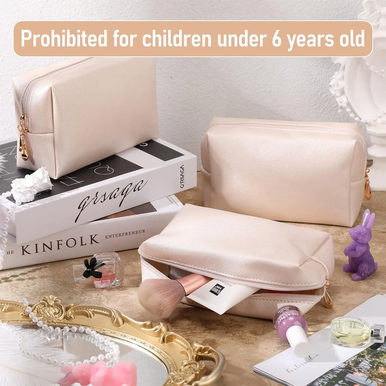 6 Pcs Preppy Patch Makeup Bag PU Leather Cosmetic Bag Waterproof Neat Travel Toiletry Pouch Portable Makeup Bag for Women Friends Cosmetic Organizer Travel Toiletry Pencil Case (White and Gold)