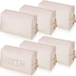 6 Pcs Preppy Patch Makeup Bag PU Leather Cosmetic Bag Waterproof Neat Travel Toiletry Pouch Portable Makeup Bag for Women Friends Cosmetic Organizer Travel Toiletry Pencil Case (White and Gold)