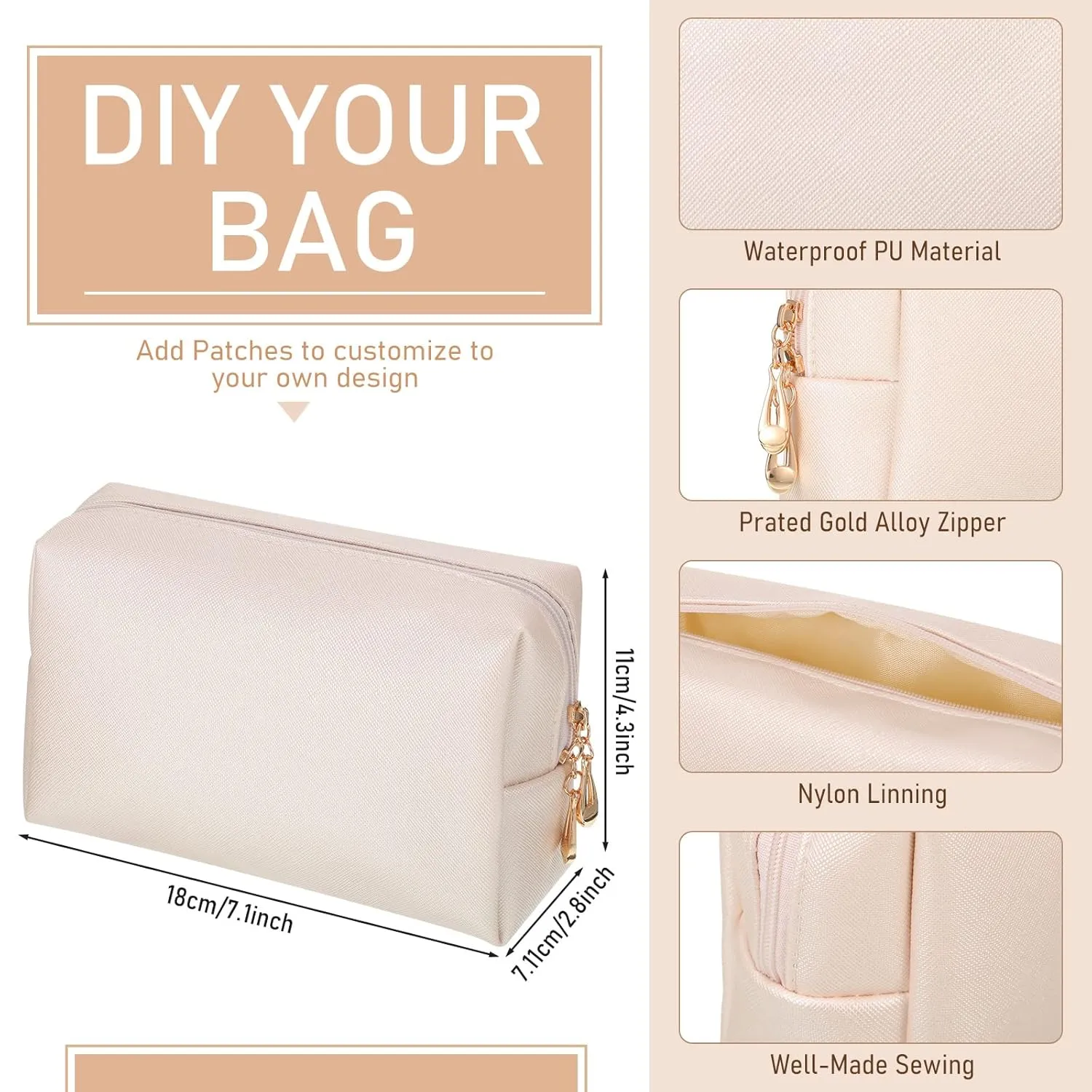 6 Pcs Preppy Patch Makeup Bag PU Leather Cosmetic Bag Waterproof Neat Travel Toiletry Pouch Portable Makeup Bag for Women Friends Cosmetic Organizer Travel Toiletry Pencil Case (White and Gold)