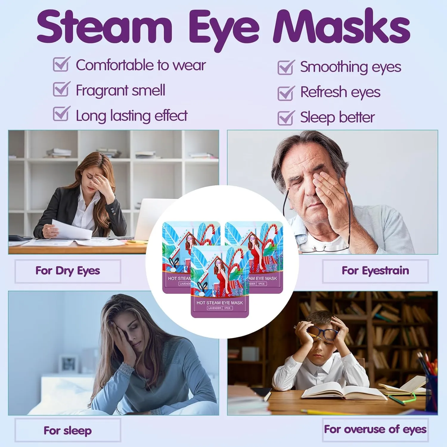 60 Pcs Disposable Steam Eye Mask Bulk for Dry Eyes Self Heating Eye Mask for Spa Sleep Warm Compress Stress Dark Circle Relief Puffiness and Relaxation Gifts (Lavender)