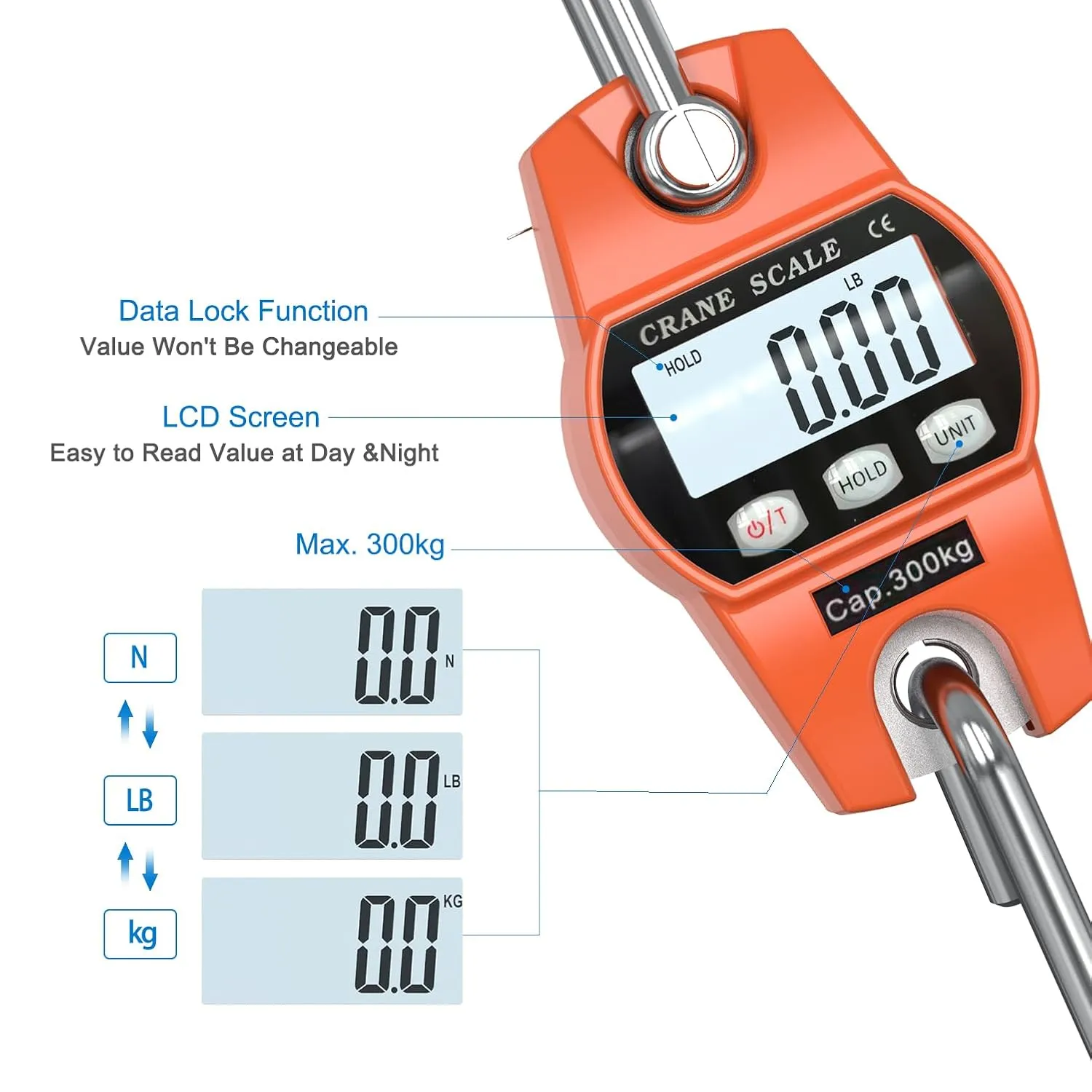 660lb/300kg Digital Crane Scale - Compact LCD Handheld Hanging Scale for Garage, Farm, Hunting, Fishing & More(300kg/Aluminium Alloy/Orange)