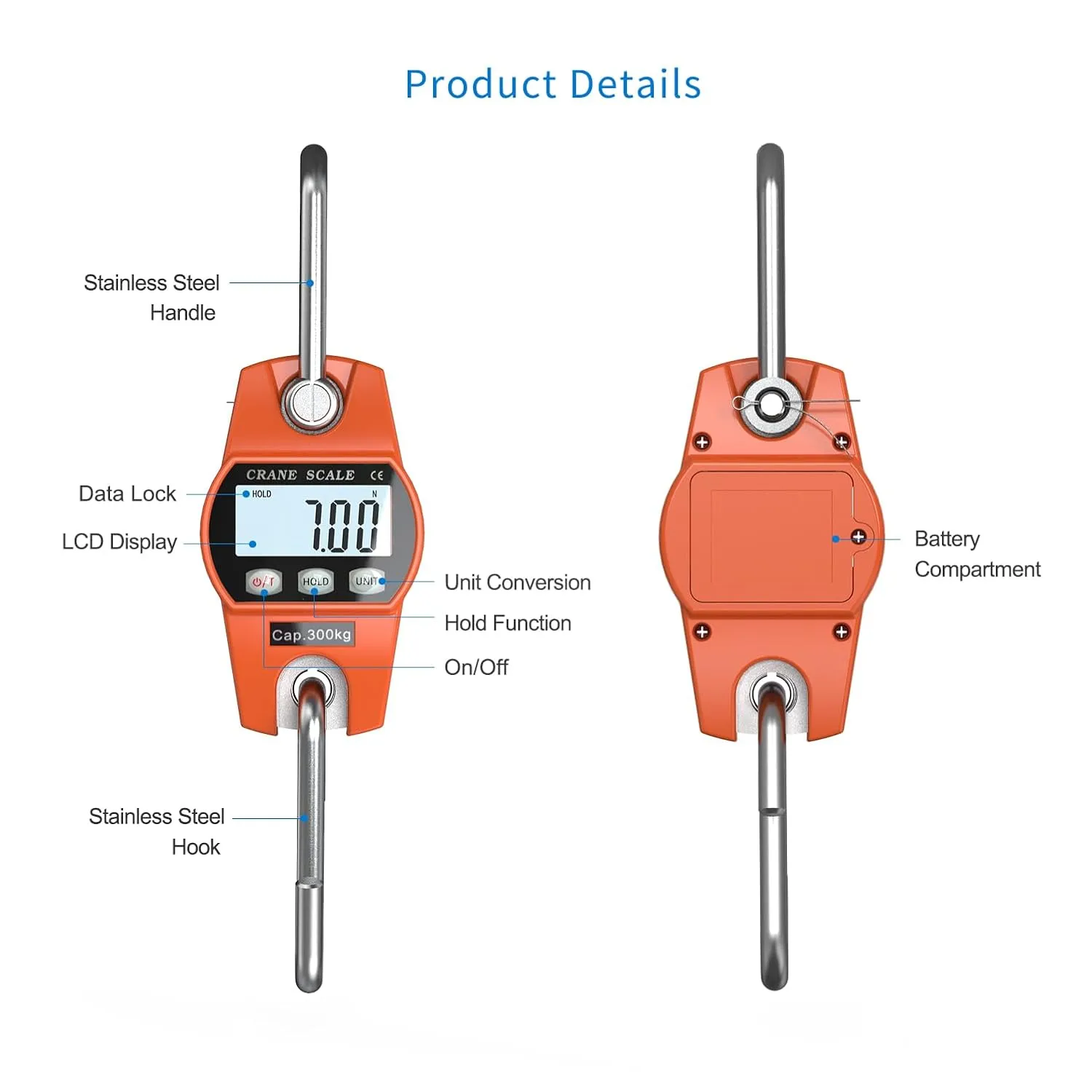 660lb/300kg Digital Crane Scale - Compact LCD Handheld Hanging Scale for Garage, Farm, Hunting, Fishing & More(300kg/Aluminium Alloy/Orange)
