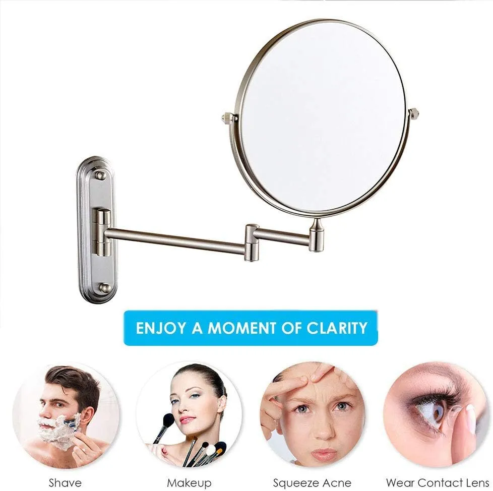 6/8-Inch Wall Mounted Makeup Mirror, Two-Sided Swivel Wall Mount Mirror, 3/5/7/10x Magnification, 360 Degree Swivel, Extendable Arm, Round, Nickel, No Light(6in,3X)