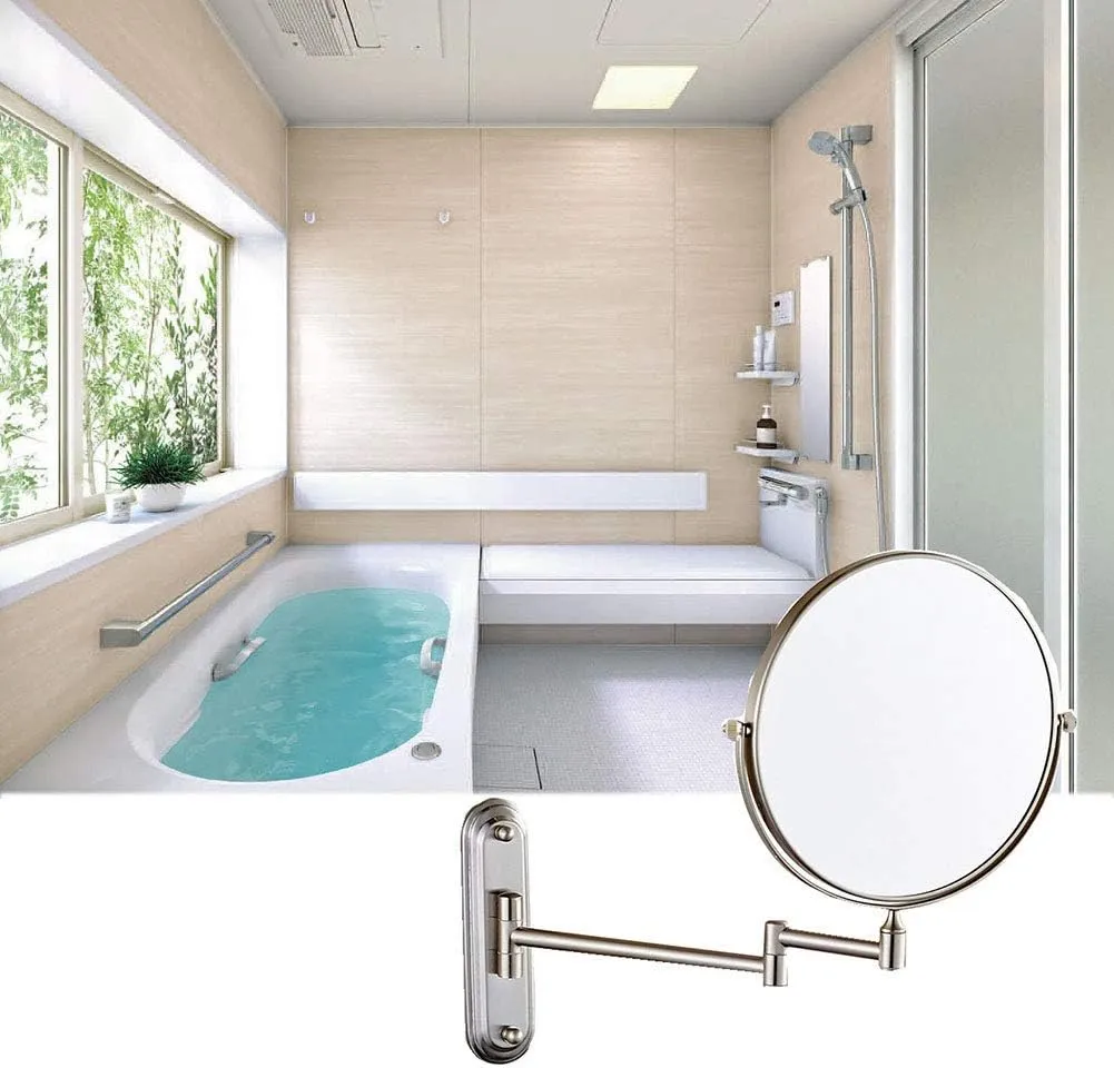 6/8-Inch Wall Mounted Makeup Mirror, Two-Sided Swivel Wall Mount Mirror, 3/5/7/10x Magnification, 360 Degree Swivel, Extendable Arm, Round, Nickel, No Light(6in,3X)