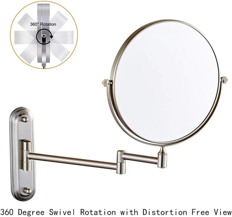 6/8-Inch Wall Mounted Makeup Mirror, Two-Sided Swivel Wall Mount Mirror, 3/5/7/10x Magnification, 360 Degree Swivel, Extendable Arm, Round, Nickel, No Light(6in,3X)