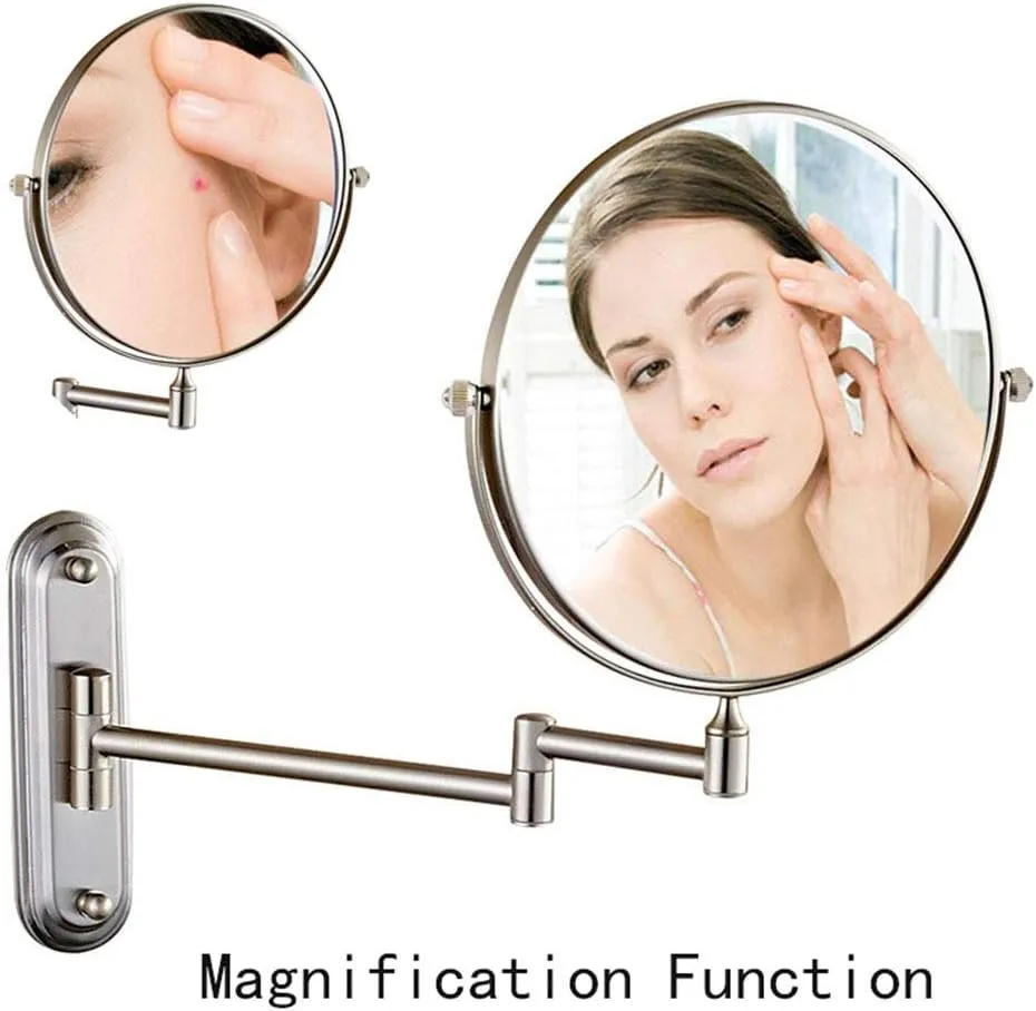 6/8-Inch Wall Mounted Makeup Mirror, Two-Sided Swivel Wall Mount Mirror, 3/5/7/10x Magnification, 360 Degree Swivel, Extendable Arm, Round, Nickel, No Light(6in,3X)