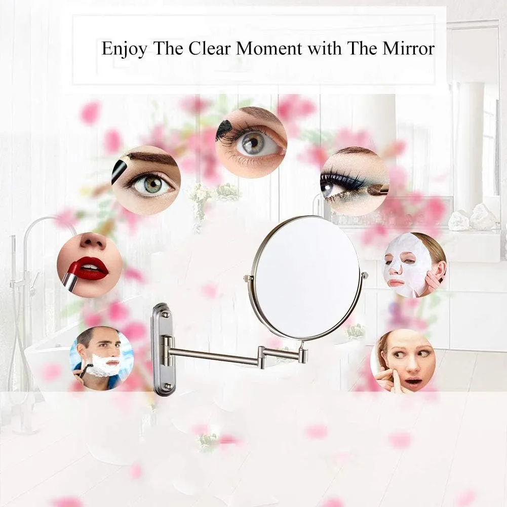 6/8-Inch Wall Mounted Makeup Mirror, Two-Sided Swivel Wall Mount Mirror, 3/5/7/10x Magnification, 360 Degree Swivel, Extendable Arm, Round, Nickel, No Light(6in,3X)
