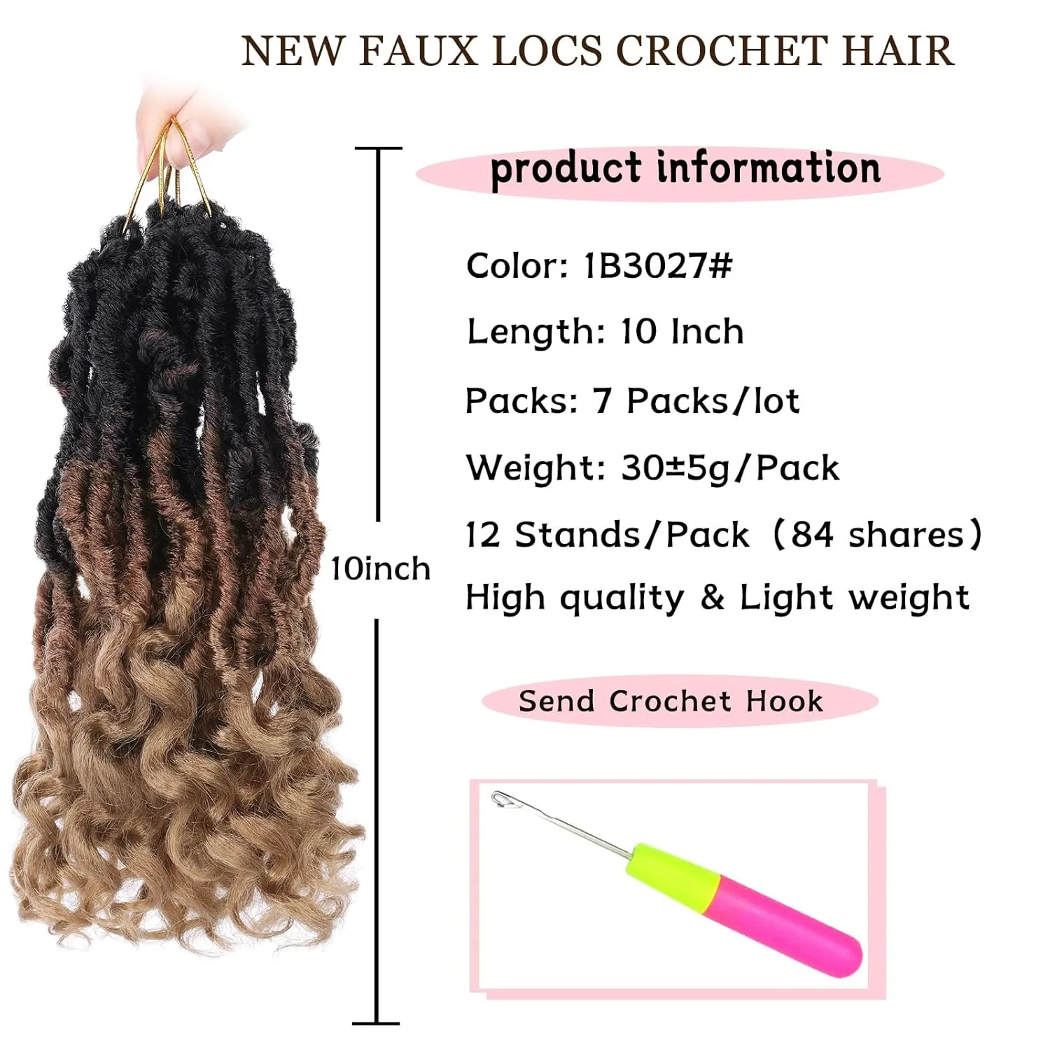 7 Packs Faux Locs Crochet Hair 10 Inch Pre-looped Soft Locs Crochet Hair With Curly Ends Bohemian Goddess Locs Crochet Hair Extensions for Women (12Strands/pack 1B3027#)