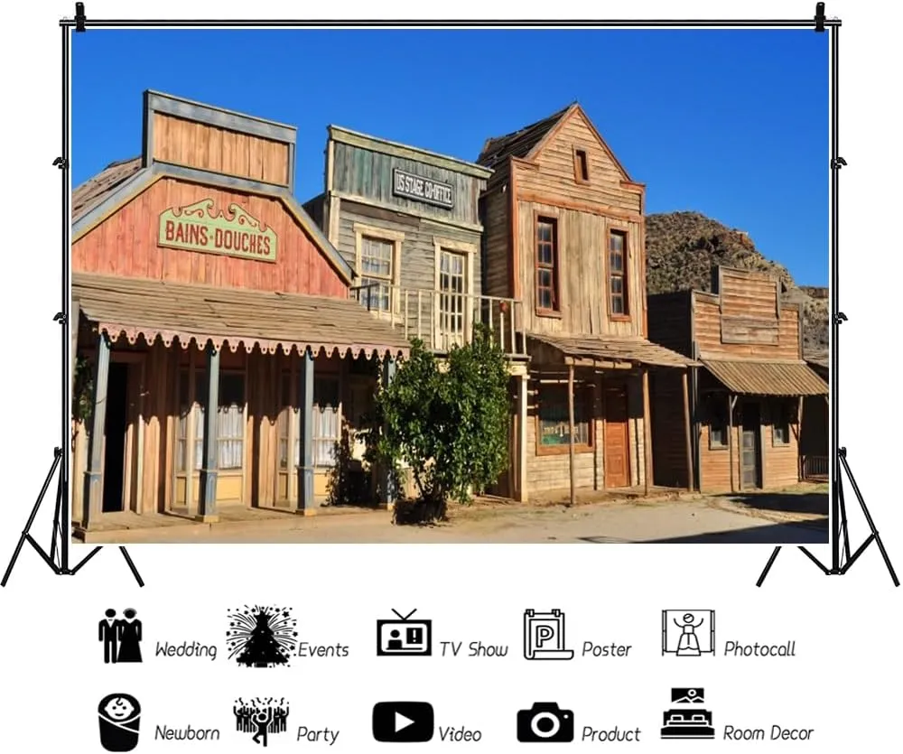 7x5ft Western Town Street Backdrop for Photography Cowboy Old Store Wild West Style Countryside Wood House Background for Kids Man Adult Party Decor Banner Photoshoot Studio Props
