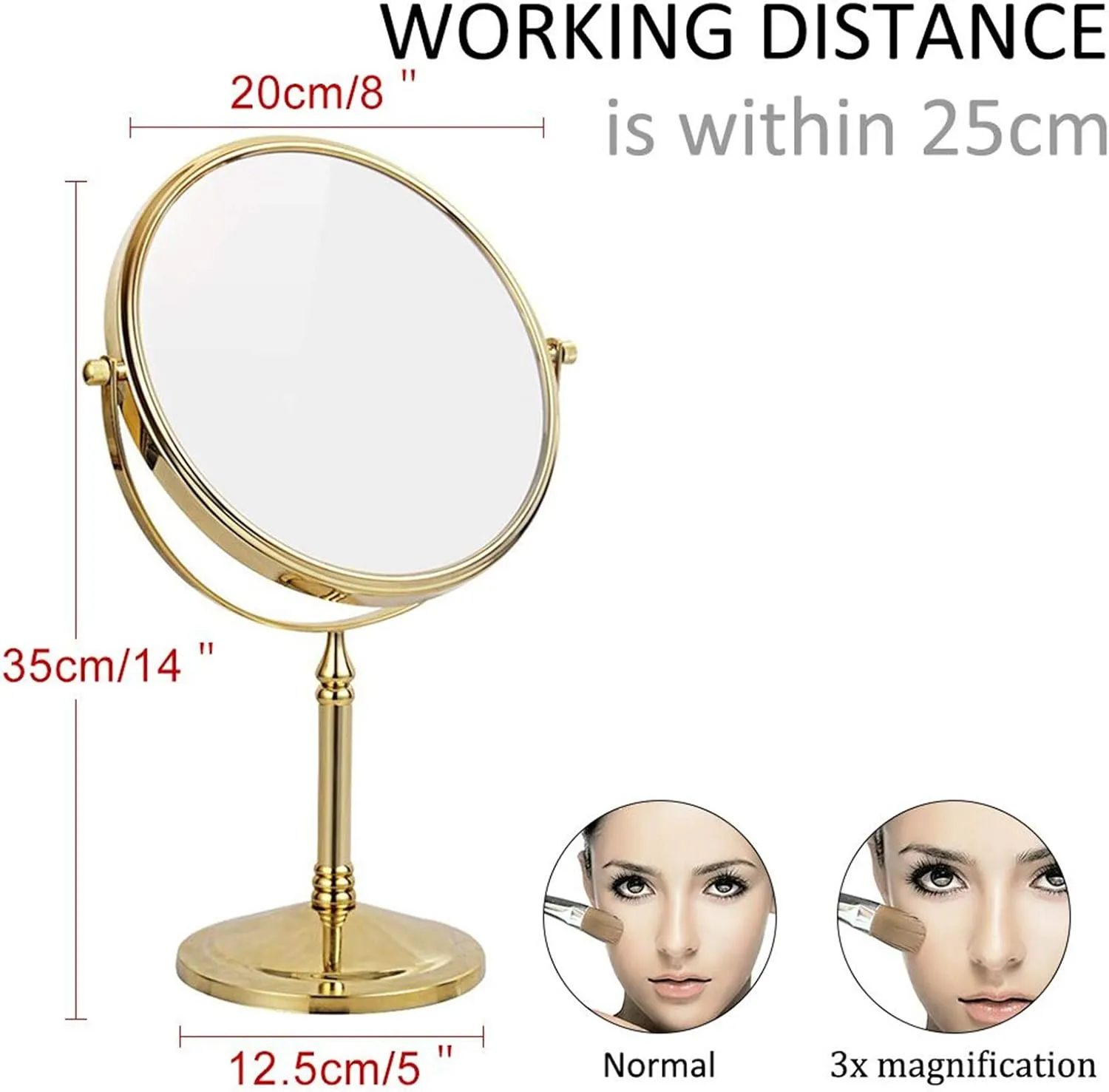8 Inch Tabletop Makeup Mirror, 360°Swivel Double Side Beauty Cosmetic Mirror, HD Magnification Shaving Mirror for Table, Standing Vanity Mirror for Beauty Salon,Bronze,3X