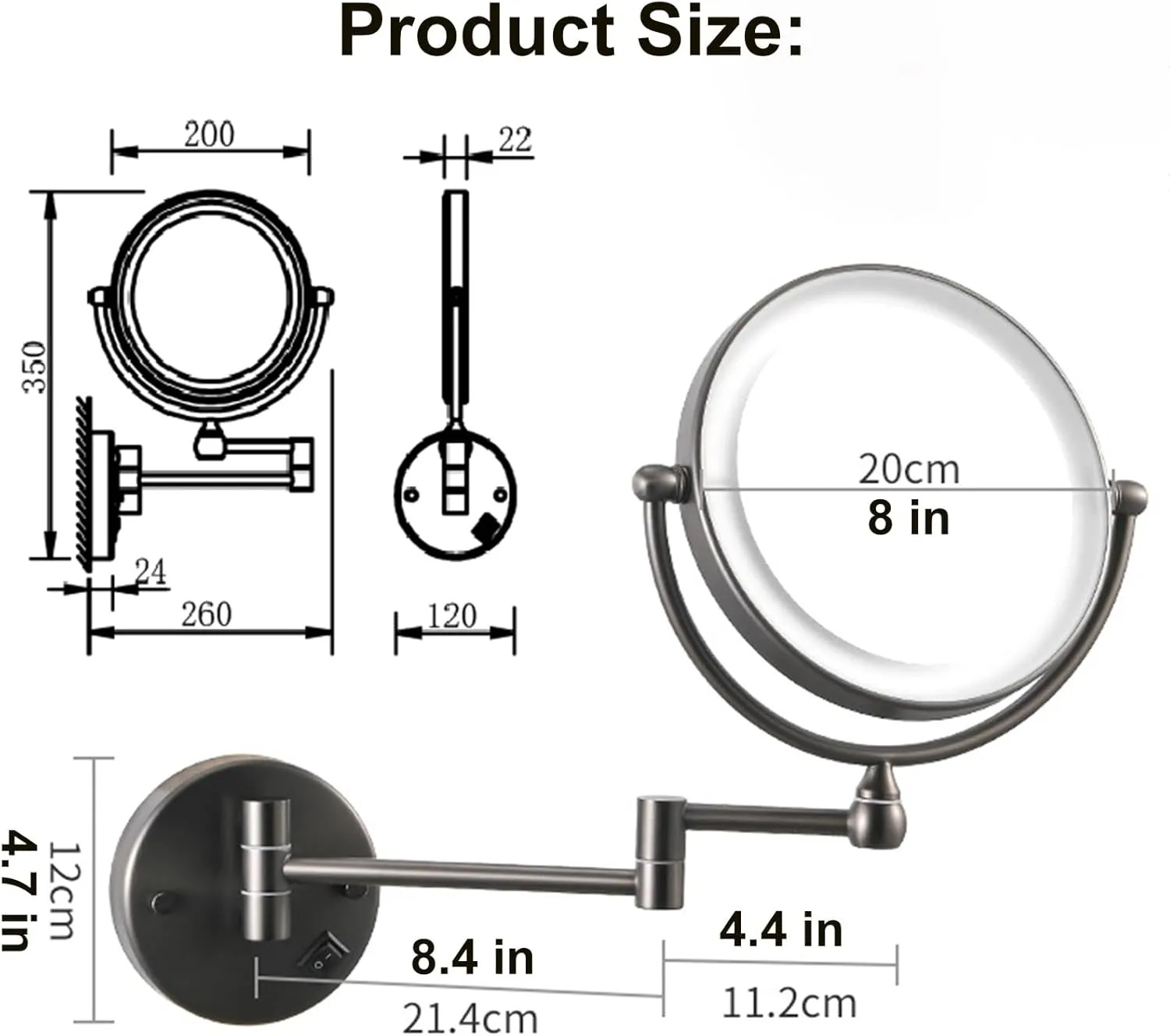 8 Inch Wall Mounted Makeup Mirror with LED Light and Magnification, Double Sided HD Vanity Mirror, Bathroom Hard Wired Adjustable Cosmetic Shaving Mirror,Silver,10X (Silver 10X)