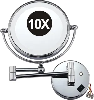 8 Inch Wall Mounted Makeup Mirror with LED Light and Magnification, Double Sided HD Vanity Mirror, Bathroom Hard Wired Adjustable Cosmetic Shaving Mirror,Silver,10X (Silver 10X)