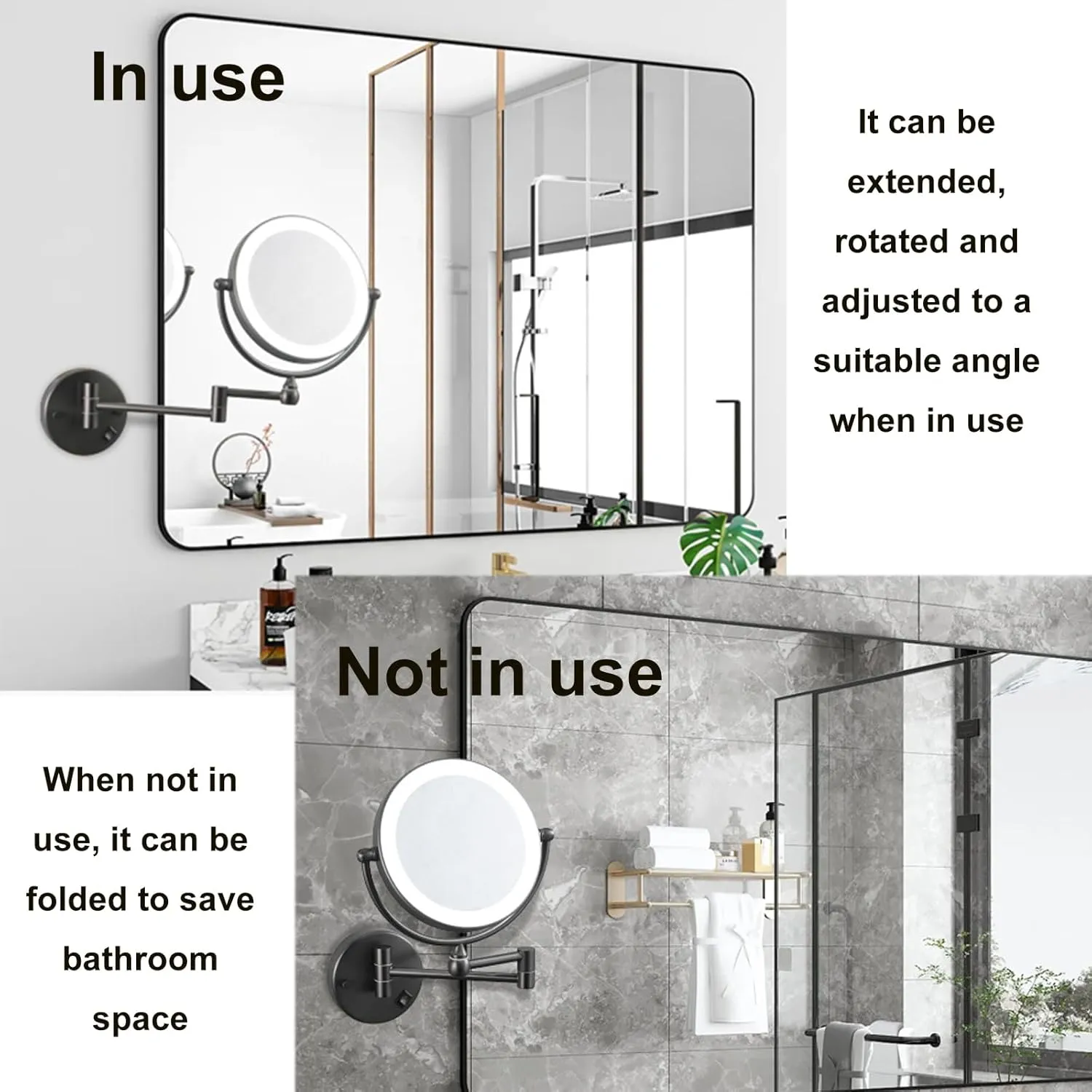 8 Inch Wall Mounted Makeup Mirror with LED Light and Magnification, Double Sided HD Vanity Mirror, Bathroom Hard Wired Adjustable Cosmetic Shaving Mirror,Silver,10X (Silver 10X)