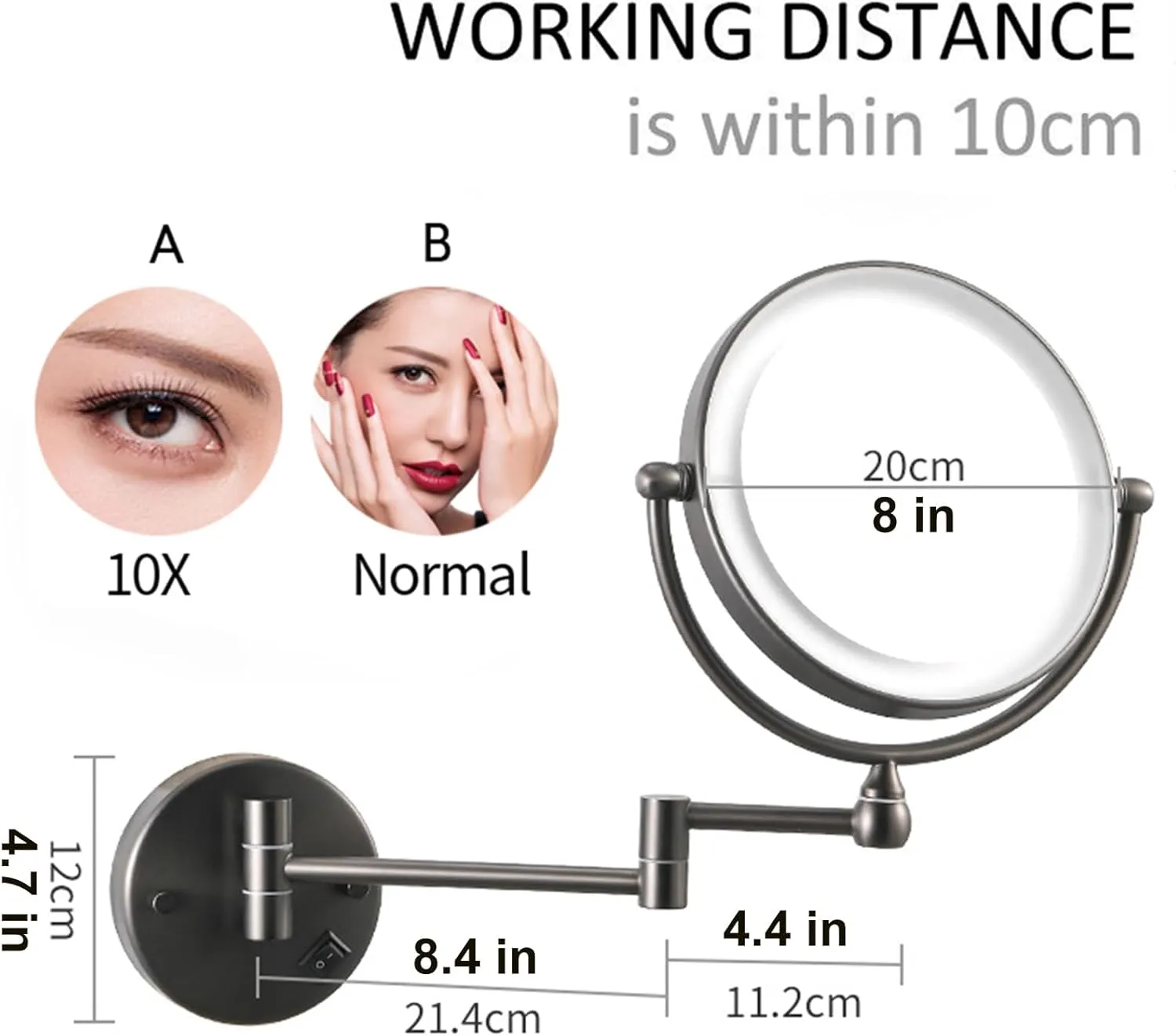8 Inch Wall Mounted Makeup Mirror with LED Light and Magnification, Double Sided HD Vanity Mirror, Bathroom Hard Wired Adjustable Cosmetic Shaving Mirror,Silver,10X (Silver 10X)