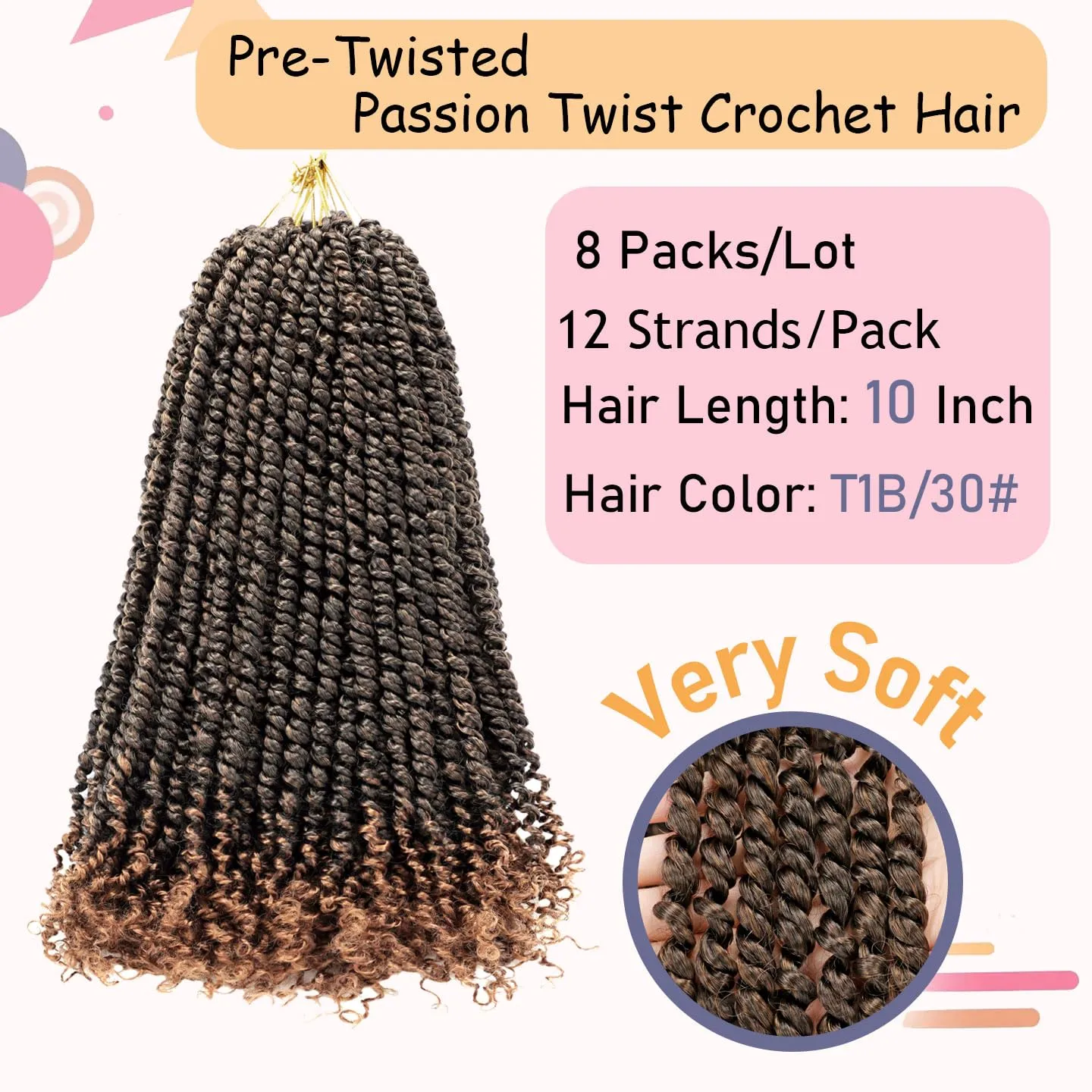 8 Packs Passion Twist Hair 10 Inch Pre-twisted Passion Twist Crochet Hair Pre-looped Crochet Braids for Women Passion Twists Braiding Hair Synthetic Hair Extensions (12Strands/Pack; T1B/30#)