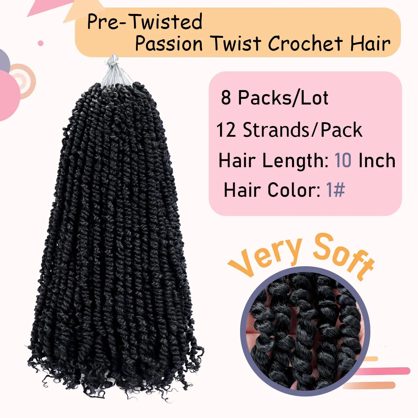8 Packs Passion Twist Hair 10 Inch Pre-twisted Passion Twist Crochet Hair Pre-looped Crochet Braids Hair for Women Passion Twists Braiding Hair Synthetic Hair Extensions (12Strands/Pack; 1#)