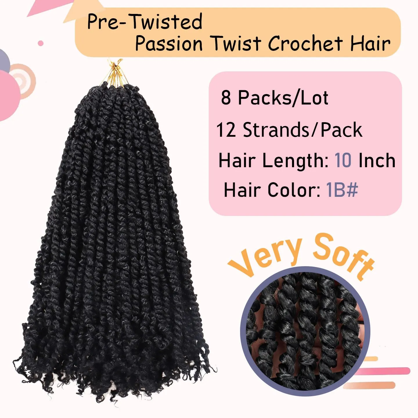 8 Packs Passion Twist Hair 10 Inch Pre-twisted Passion Twist Crochet Hair Pre-looped Crochet Braids Hair for Women Passion Twists Braiding Hair Synthetic Hair Extensions (12Strands/Pack; 1B#)