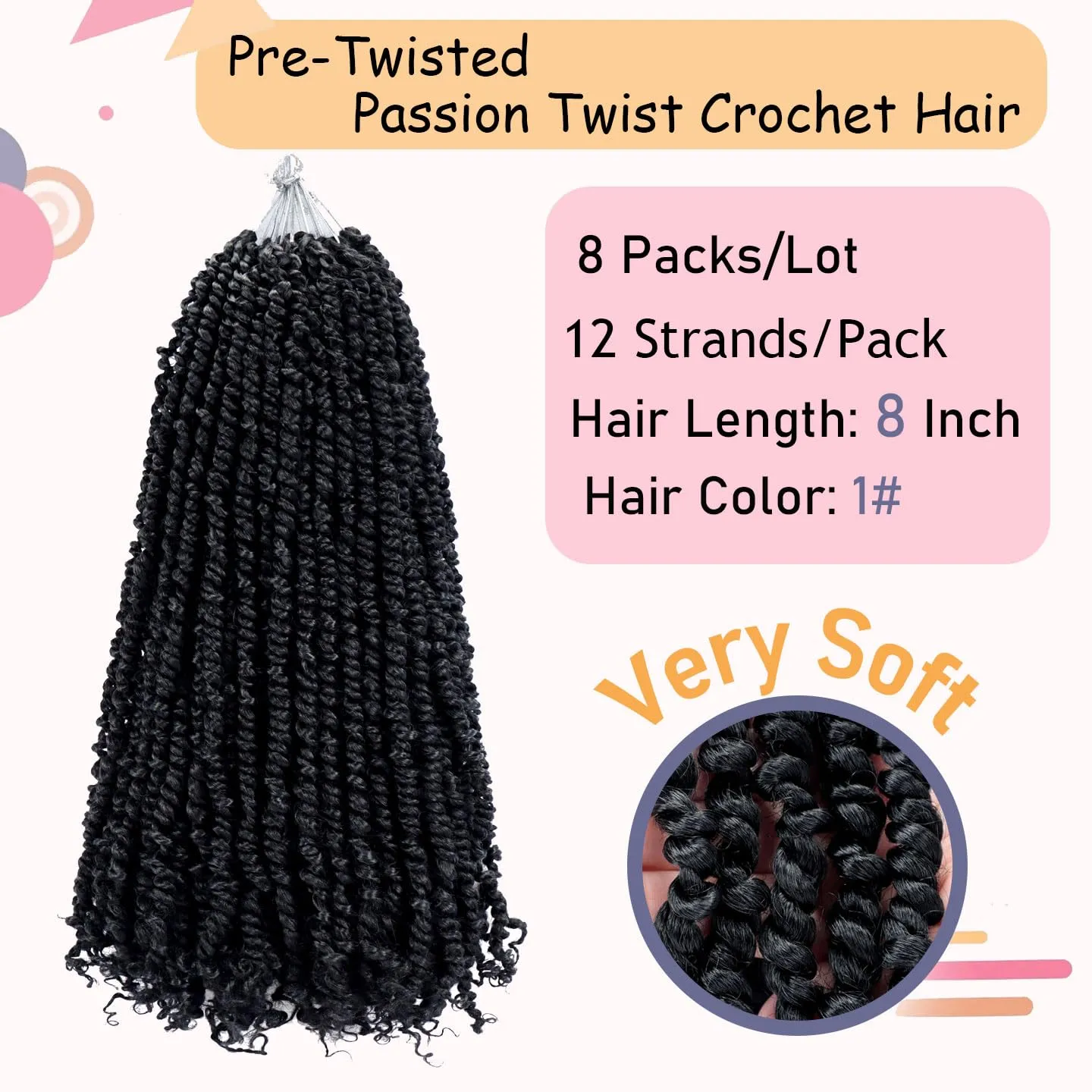 8 Packs Passion Twist Hair 8 Inch Pre-twisted Passion Twist Crochet Hair Pre-looped Crochet Braids Hair for Women Passion Twists Braiding Hair Synthetic Hair Extensions (12Strands/Pack; 1#)