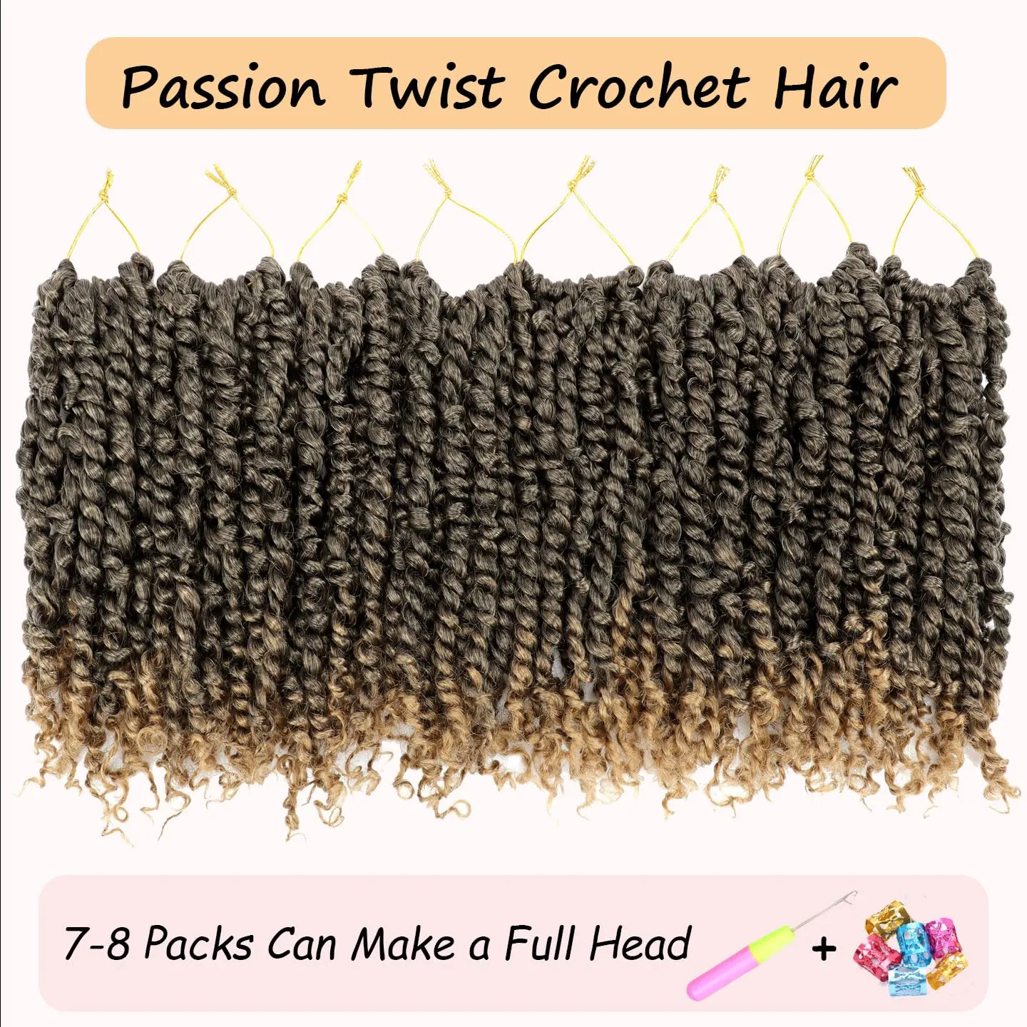 8 Packs Passion Twist Hair 8 Inch Pre-twisted Passion Twist Crochet Hair Pre-looped Crochet Braids Hair for Women Passion Twists Braiding Hair Synthetic Hair Extensions(12Strands/Pack; T1B/27#)