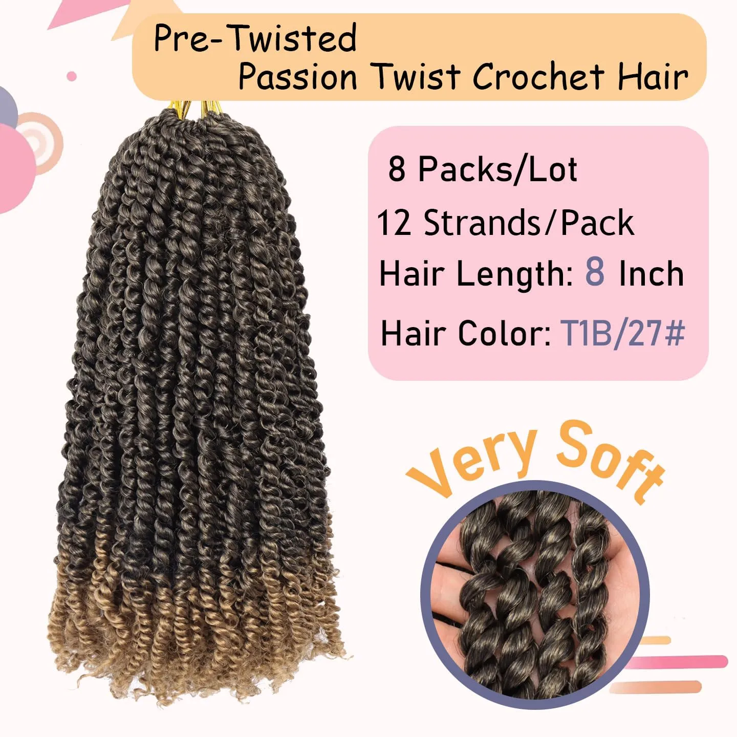 8 Packs Passion Twist Hair 8 Inch Pre-twisted Passion Twist Crochet Hair Pre-looped Crochet Braids Hair for Women Passion Twists Braiding Hair Synthetic Hair Extensions(12Strands/Pack; T1B/27#)