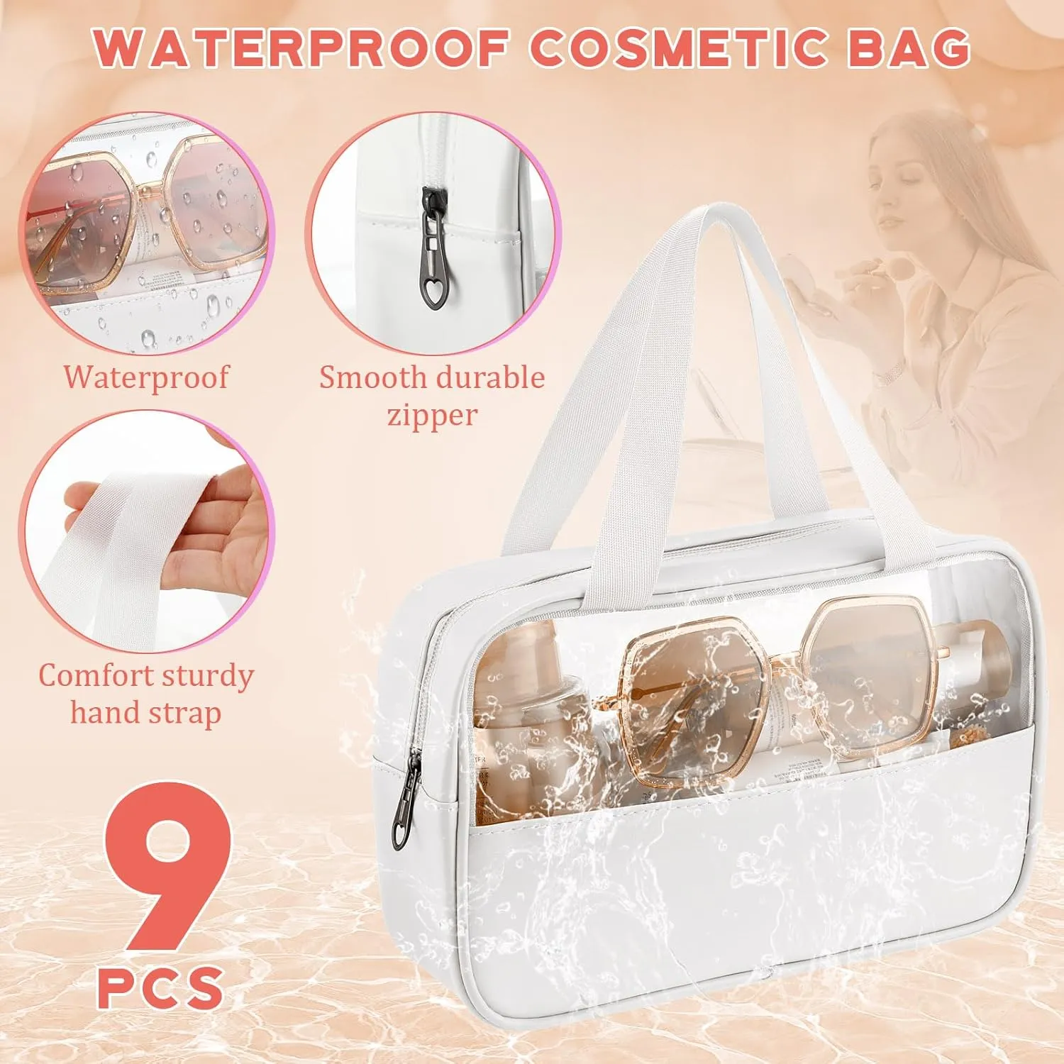 9 Pcs Translucent Make up Bag Toiletry Organizer for Women Men Waterproof Portable Cosmetic Travel Bag with Hanging Handles Travel Storage Carry Pouch, 10.2 x 6.3 x 2.8 Inches(White)
